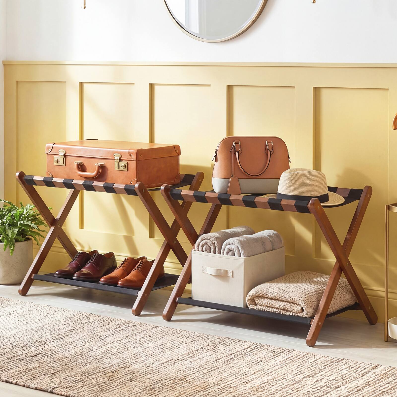 Alt View 5. Costway - Costway 2 PCS Luggage Rack, Solid Rubberwood Suitcase Stand with Nylon Shelves, Portable - Black + Brown.