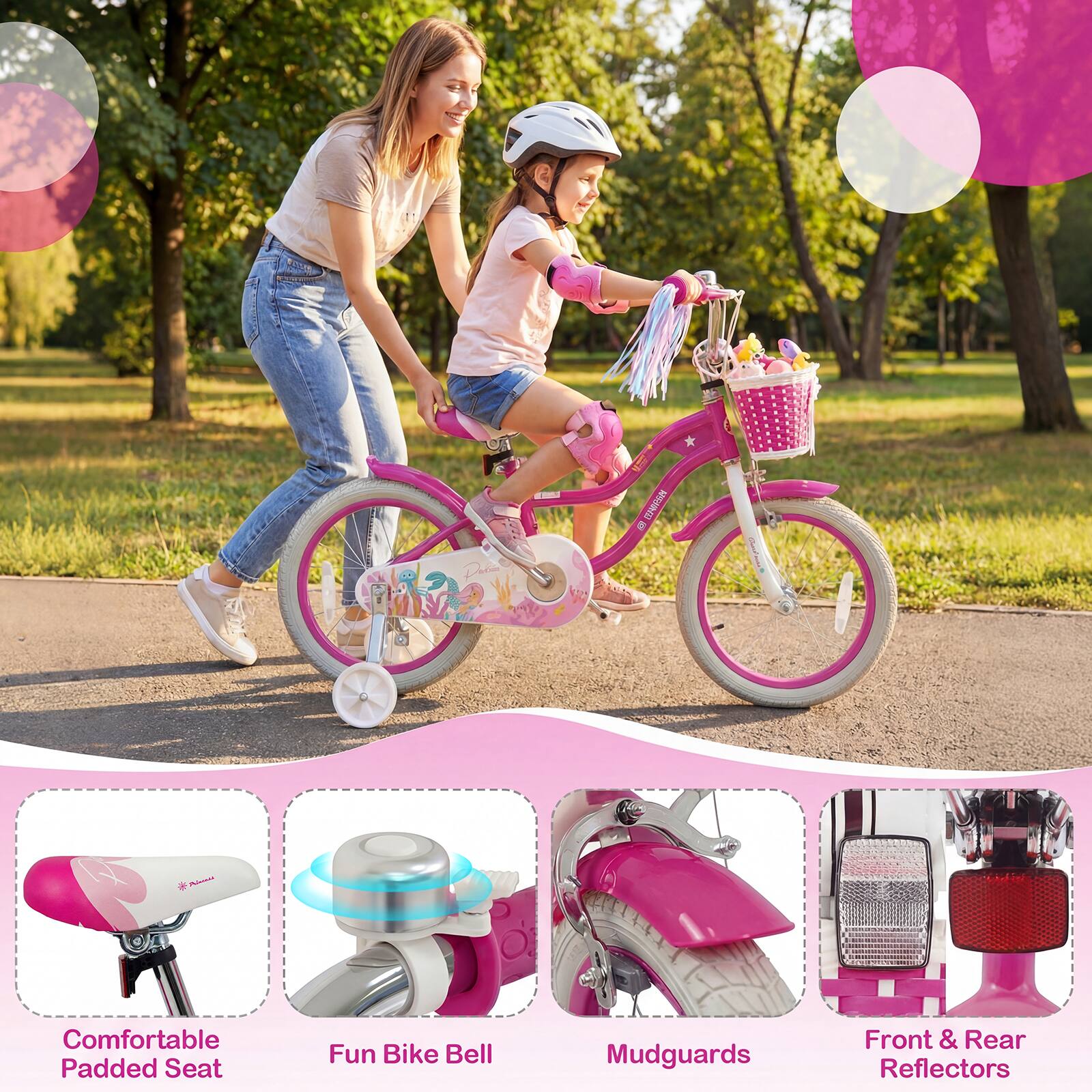 - E 5
- A Comfortable Padded Seat
- Fun Bike Bell
- Mudguards
- Front & Rear Reflectors