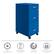 The image features a blue filing cabinet with a lockable storage system. The cabinet is made of steel and requires some assembly. It also includes casters for easy movement.