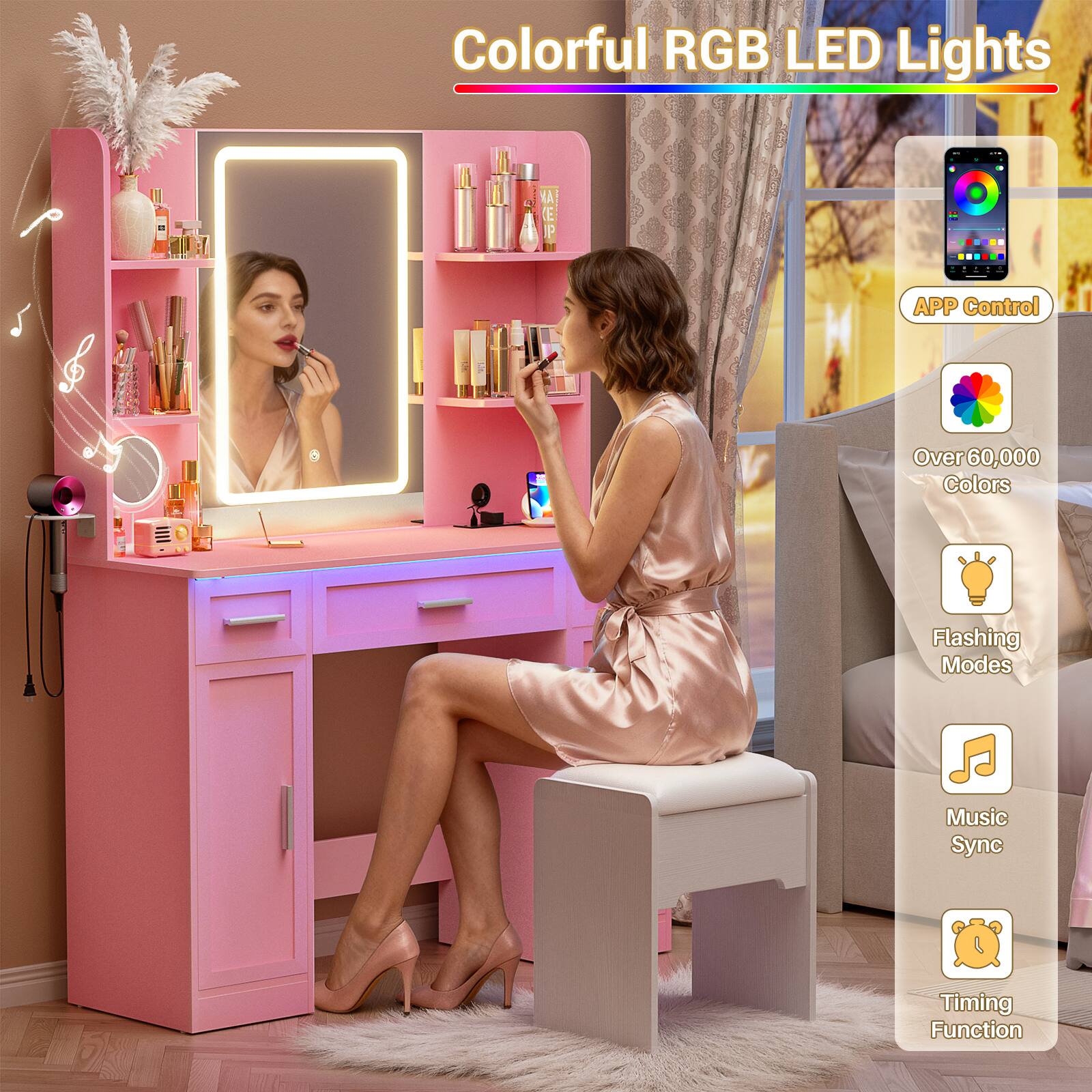 Colorful RGB LED Lights

- APP Control
- Over 60,000 Colors
- Flashing Modes
- Music Sync
- Timing Function