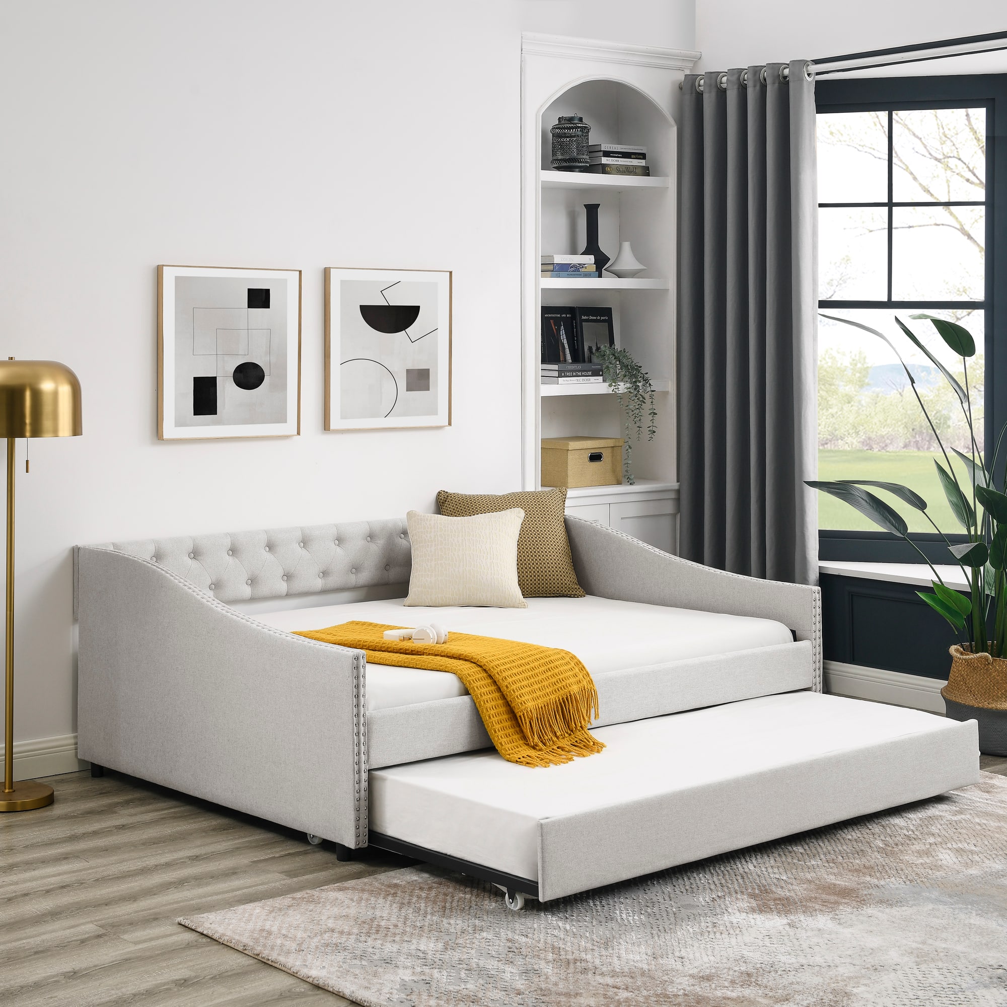 Tiramisubest - Full Size Daybed with Twin Size Trundle Upholstered Tufted Sofa Bed, ,Beige (80.5"x55.5"x27.5") - Beige