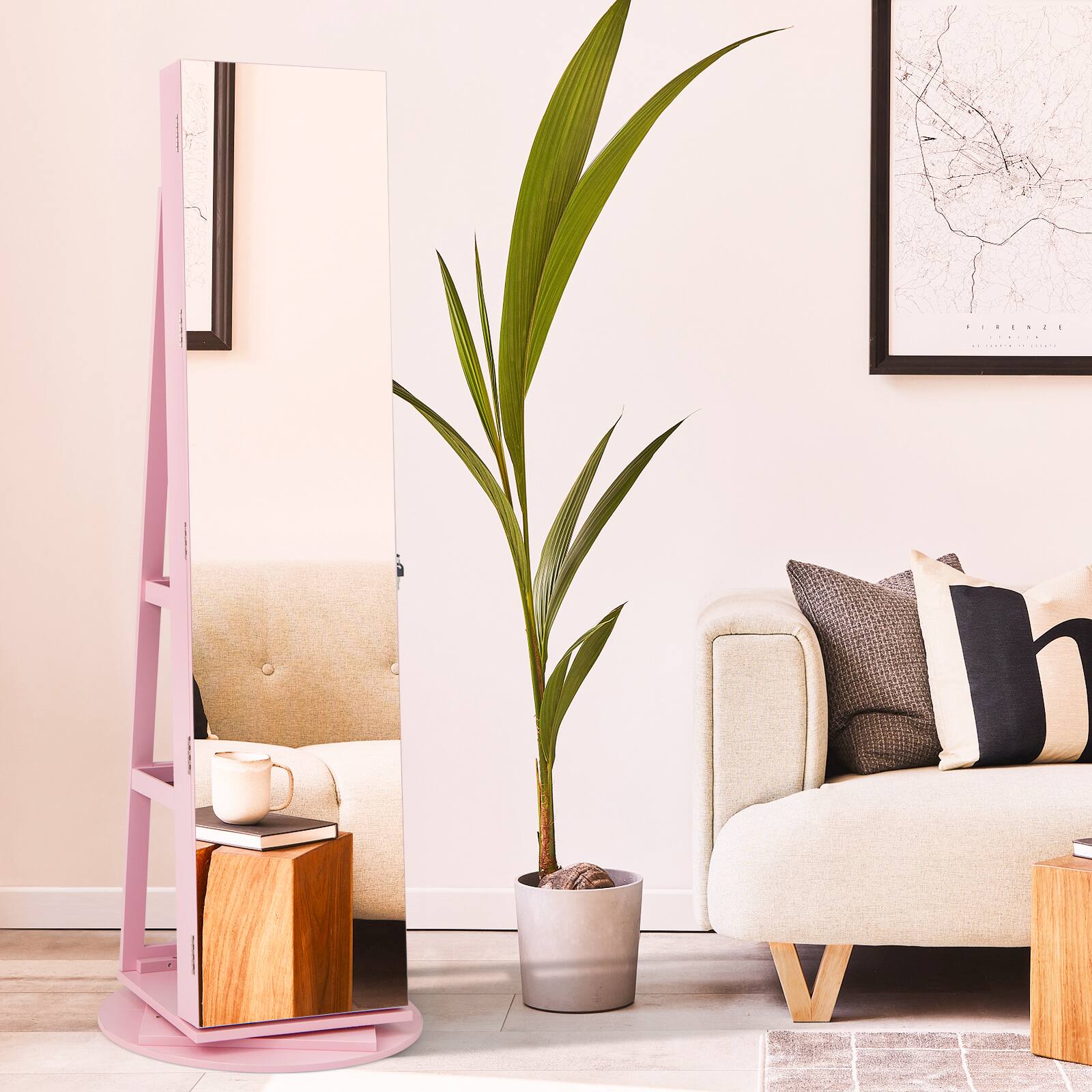 Alt View 1. Gymax - Gymax 360° Rotating Mirrored Jewelry Cabinet Armoire 3 Color LED Modes Lockable Pink - Pink.