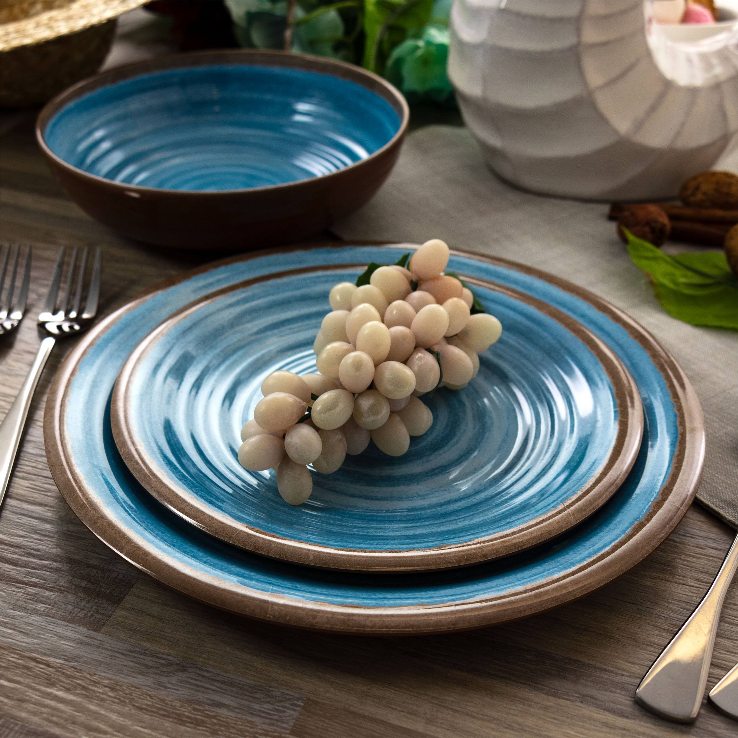 Alt View 4. Elama - Elama Rippled Tides 12 Piece Lightweight Melamine Dinnerware Set in Blue - Blue.