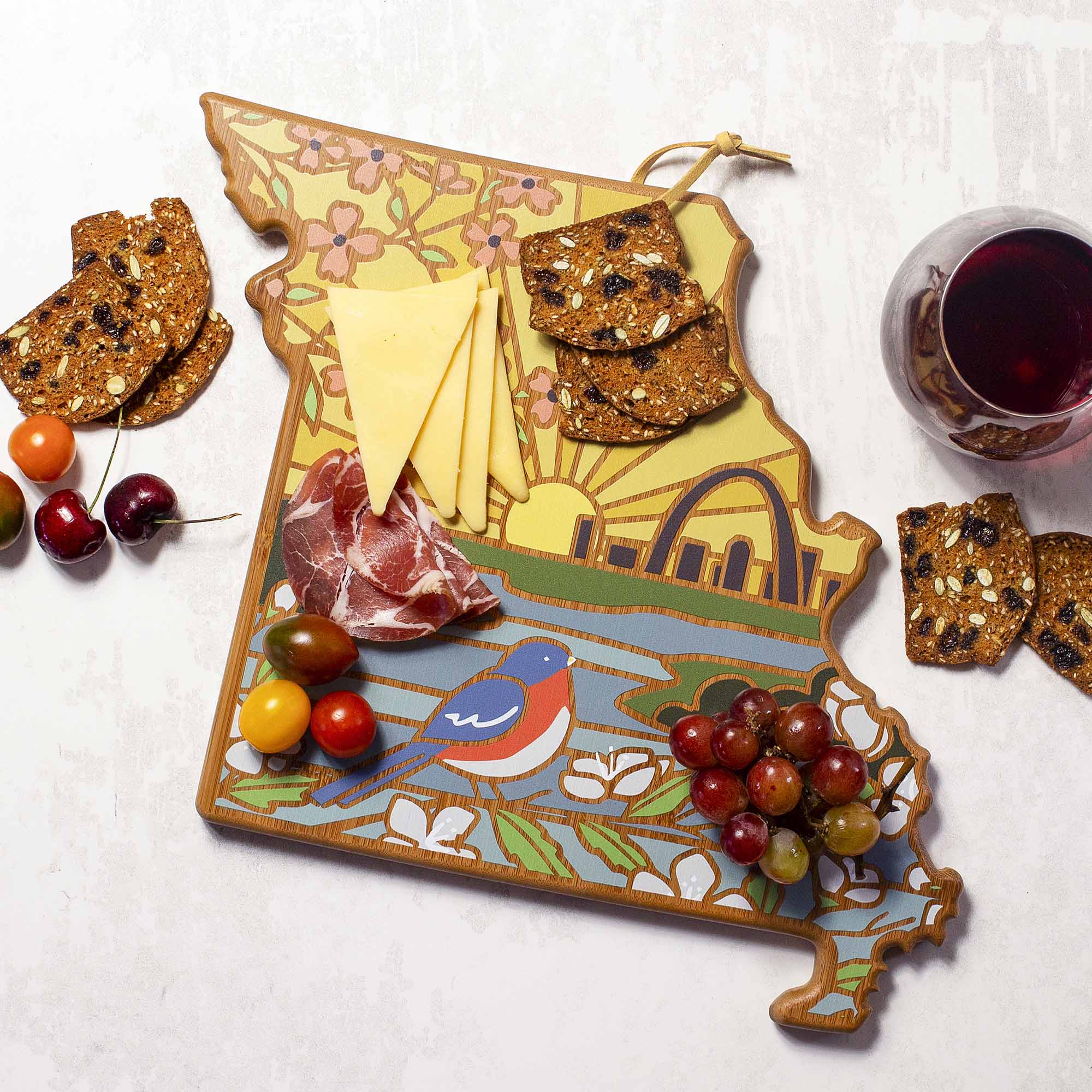 Angle. Totally Bamboo - Missouri Cutting Board with Artwork by Summer Stokes.