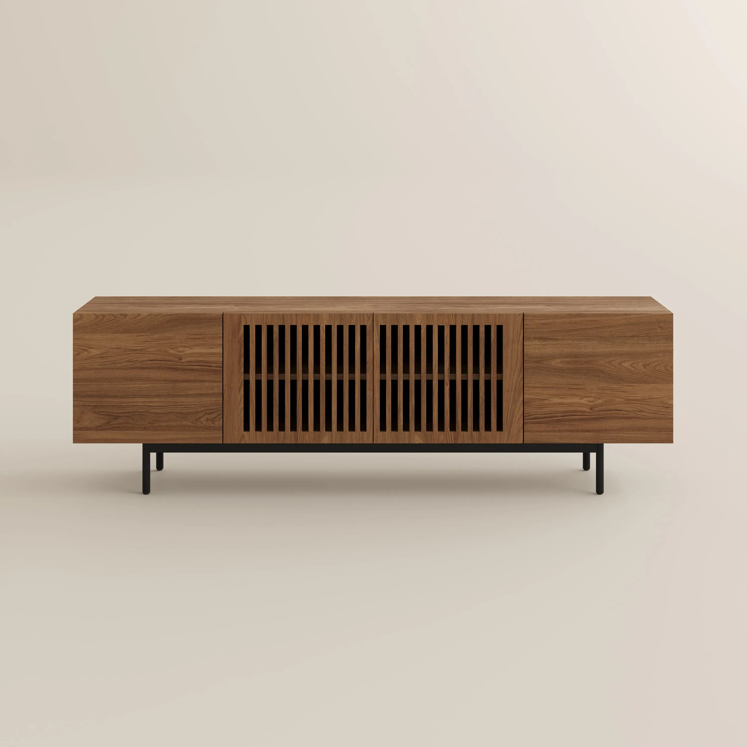 Alt View 7. POVISON - 71" Modern Wood TV Stand, Minimalist Slatted Media Console with Tall-cast Metal Legs, Walnut Veneer - Walnut.