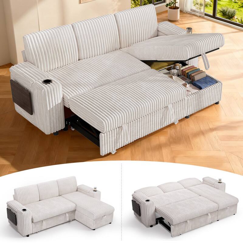 Left. Vipbear - 85" Modular Sectional Sofa with Pull Out Bed,Corduroy Fabric 3 Seat Sectional Sleeper Sofa with Storage,for Living Room - Beige.