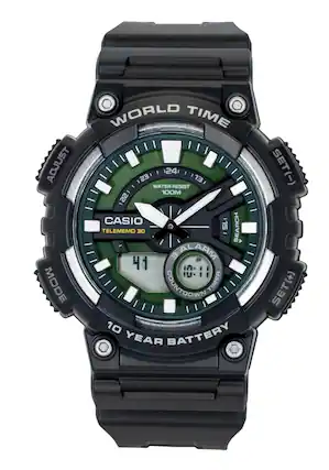 ADJUST MODE
WORLD TIME
WATER RESIST 100M
CASIO TELEMEMO 30
ALARM
COUNTER TIMER
10 YEAR BATTERY