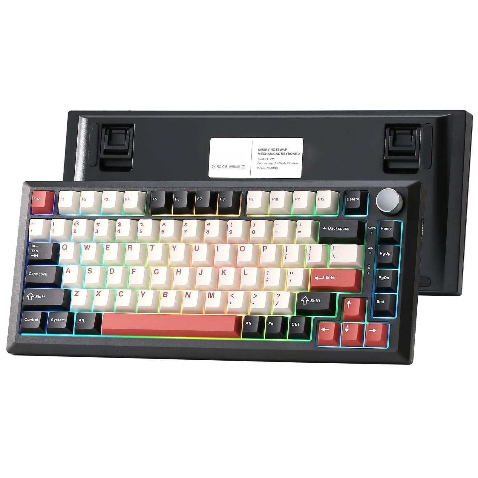 Empire DigiLabs - Y75 Wireless Mechanical Hot Swappable Knob Rgb Backlit Pbt Keycaps Gaming Keyboards Milk Switch - Black&Red