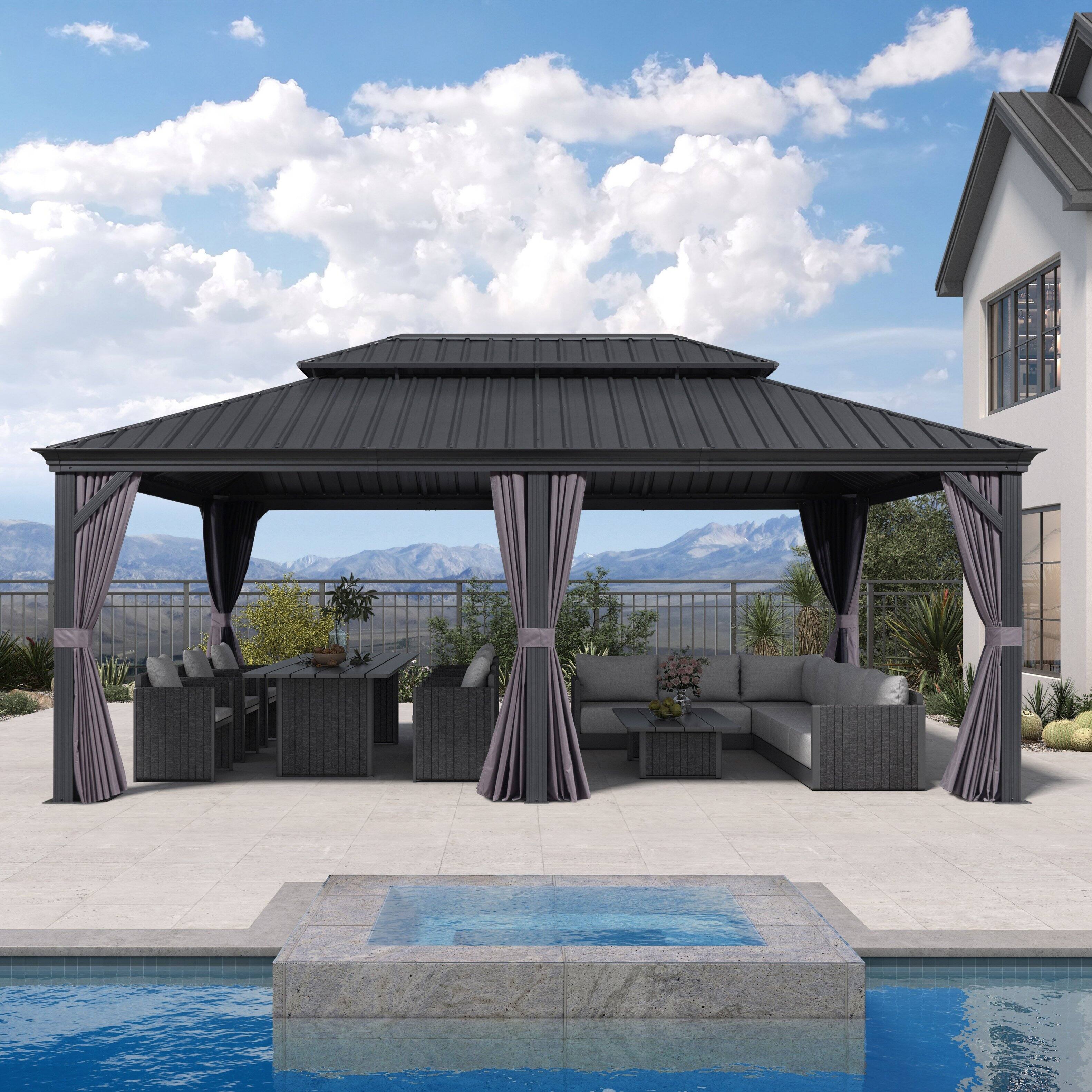 PURPLE LEAF - 13 X 20 FT Permanent Hardtop Aluminum Gazebo with Double Roof for Patio Lawn and Garden, Curtains and Netting Included - 13' X 20'