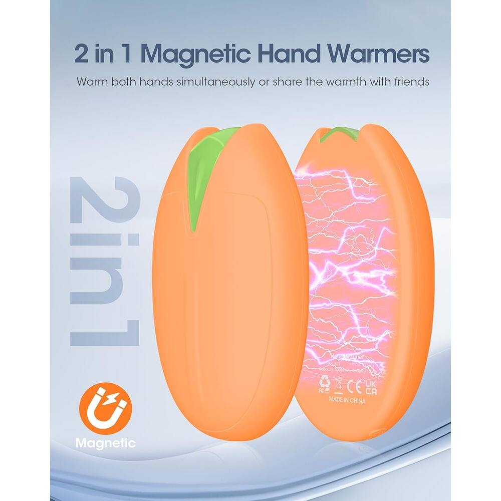 2 in 1 Magnetic Hand Warmers  
Warm both hands simultaneously or share the warmth with friends  

2 in 1  

Magnetic  

CE UK CA  
MADE IN CHINA