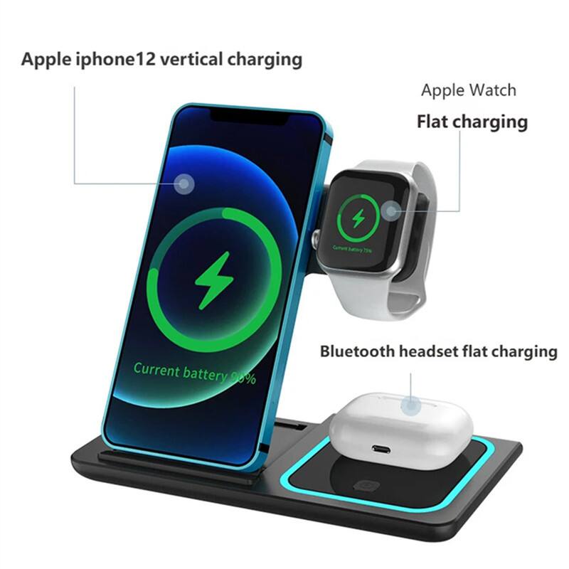 Apple iPhone 12 vertical charging  
Apple Watch flat charging  
Bluetooth headset flat charging  
Current battery 90%