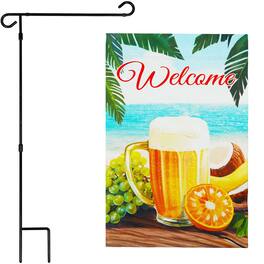 G128 - Garden Flag Stand 36x16 in with Double-Sided 12x18 in Blockout Flag, Welcome Beach Drink Design - Multicolor