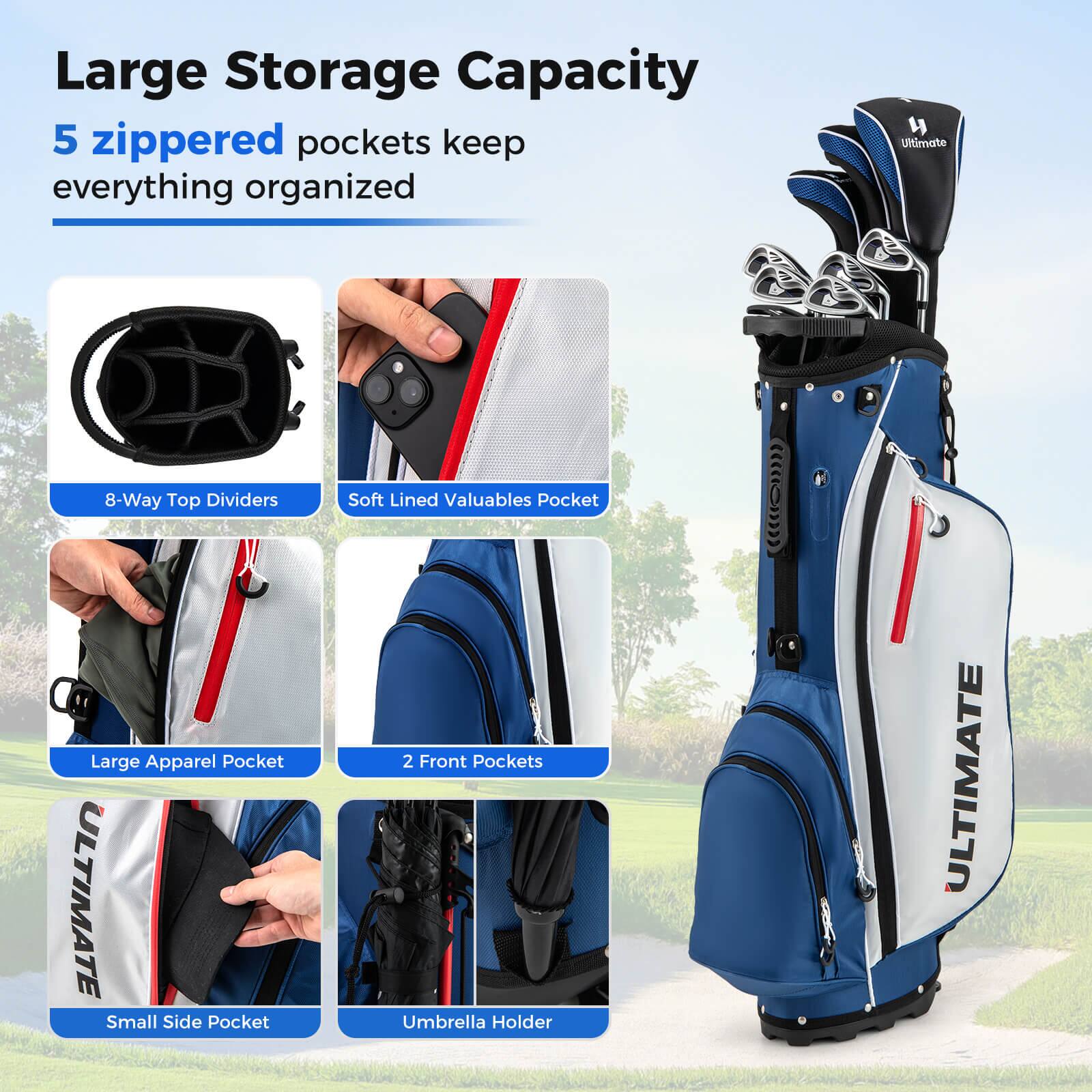 Large Storage Capacity  
5 zipped pockets keep everything organized  

- 8-Way Top Dividers  
- Soft Lined Valuables Pocket  
- Large Apparel Pocket  
- 2 Front Pockets  
- Small Side Pocket  
- Umbrella Holder  

ULTIMATE