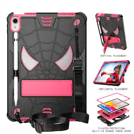 UUCOVER - Kids Case for iPad (A16) 11-inch 2025 / iPad 10th Gen 10.9" 2022 Shockproof Silicone+PC Stand Cover with Shoulder Strap - Black+Rose