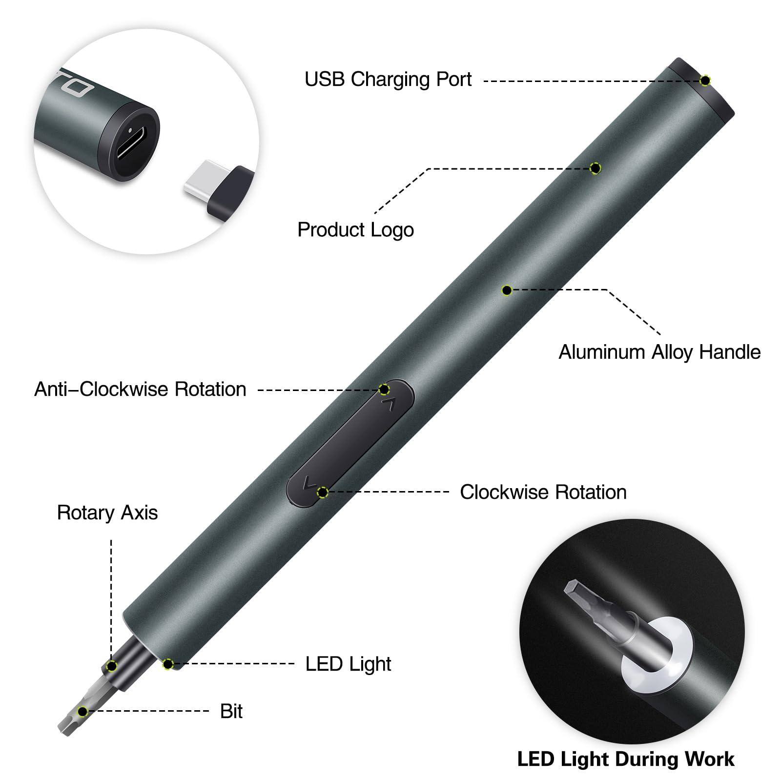 - USB Charging Port
- Product Logo
- Aluminum Alloy Handle
- Anti-Clockwise Rotation
- Clockwise Rotation
- Rotary Axis
- LED Light
- Bit
- LED Light During Work