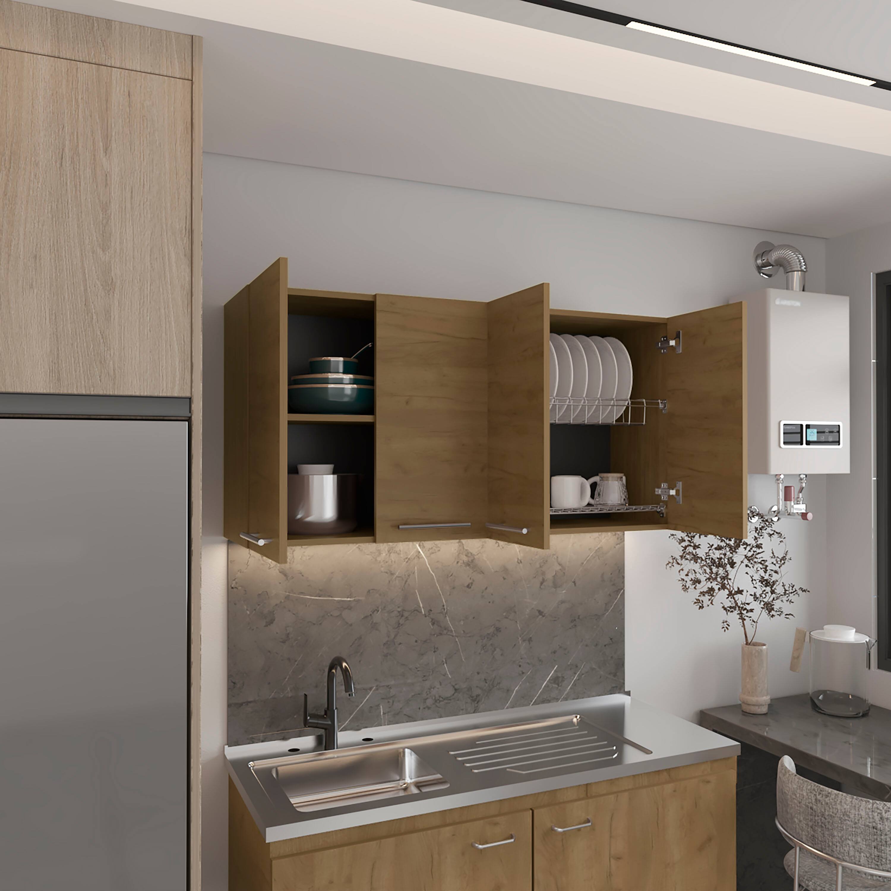 Left. TuHome - Tuhome 120 Wall Cabinet, Four Doors, Two Cabinets, Two Shelves, Natural Oak - Beige.