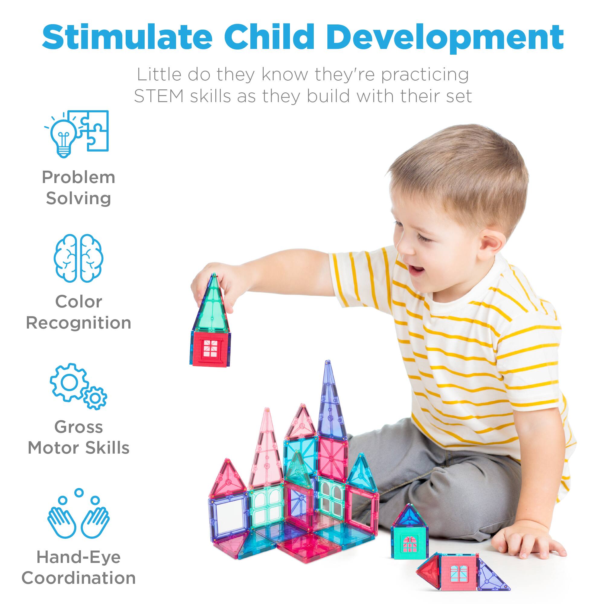 Stimulate Child Development  
Little do they know they're practicing STEM skills as they build with their set

- Problem Solving
- Color Recognition
- Gross Motor Skills
- Hand-Eye Coordination
