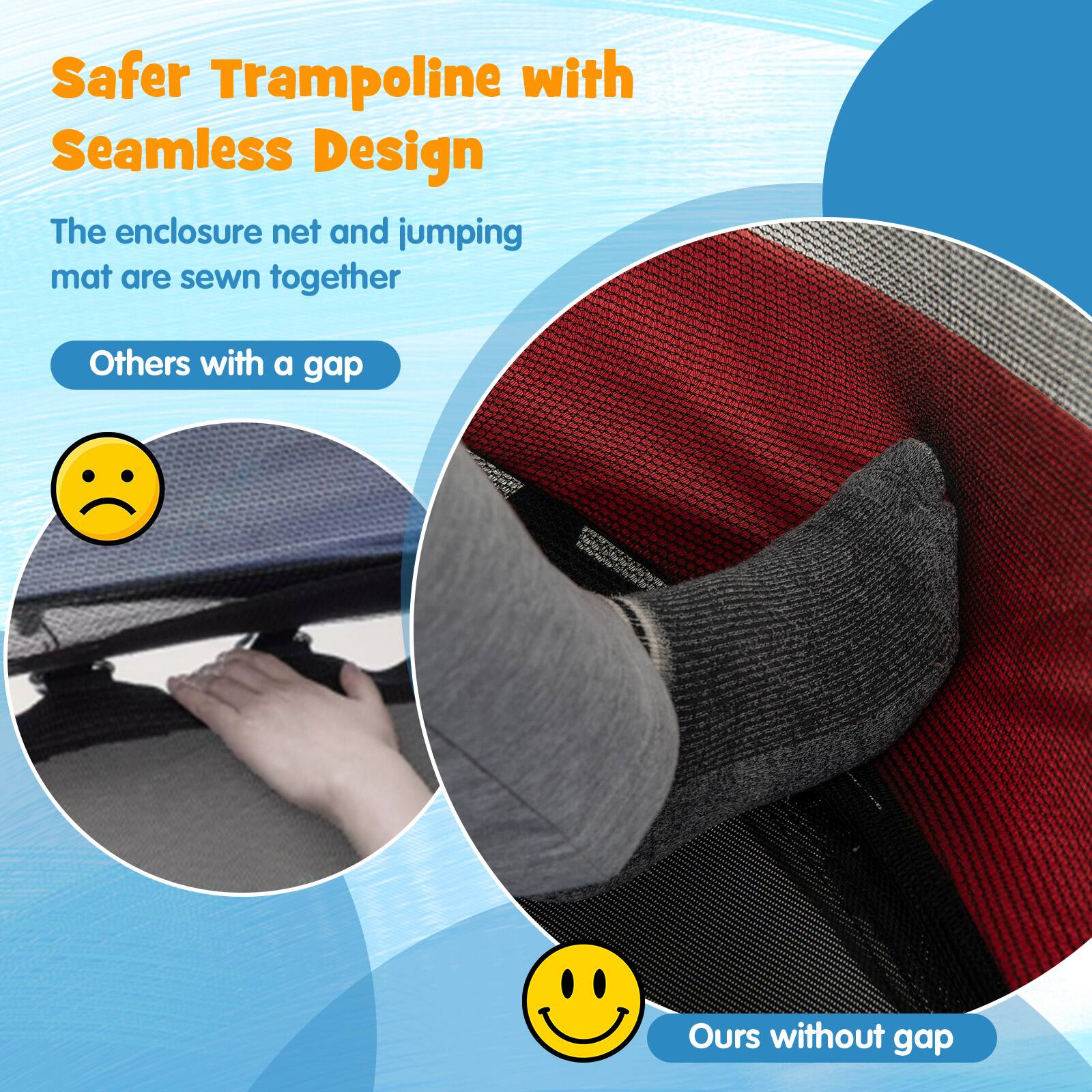 Safer Trampoline with Seamless Design

The enclosure net and jumping mat are sewn together

Others with a gap

Ours without gap