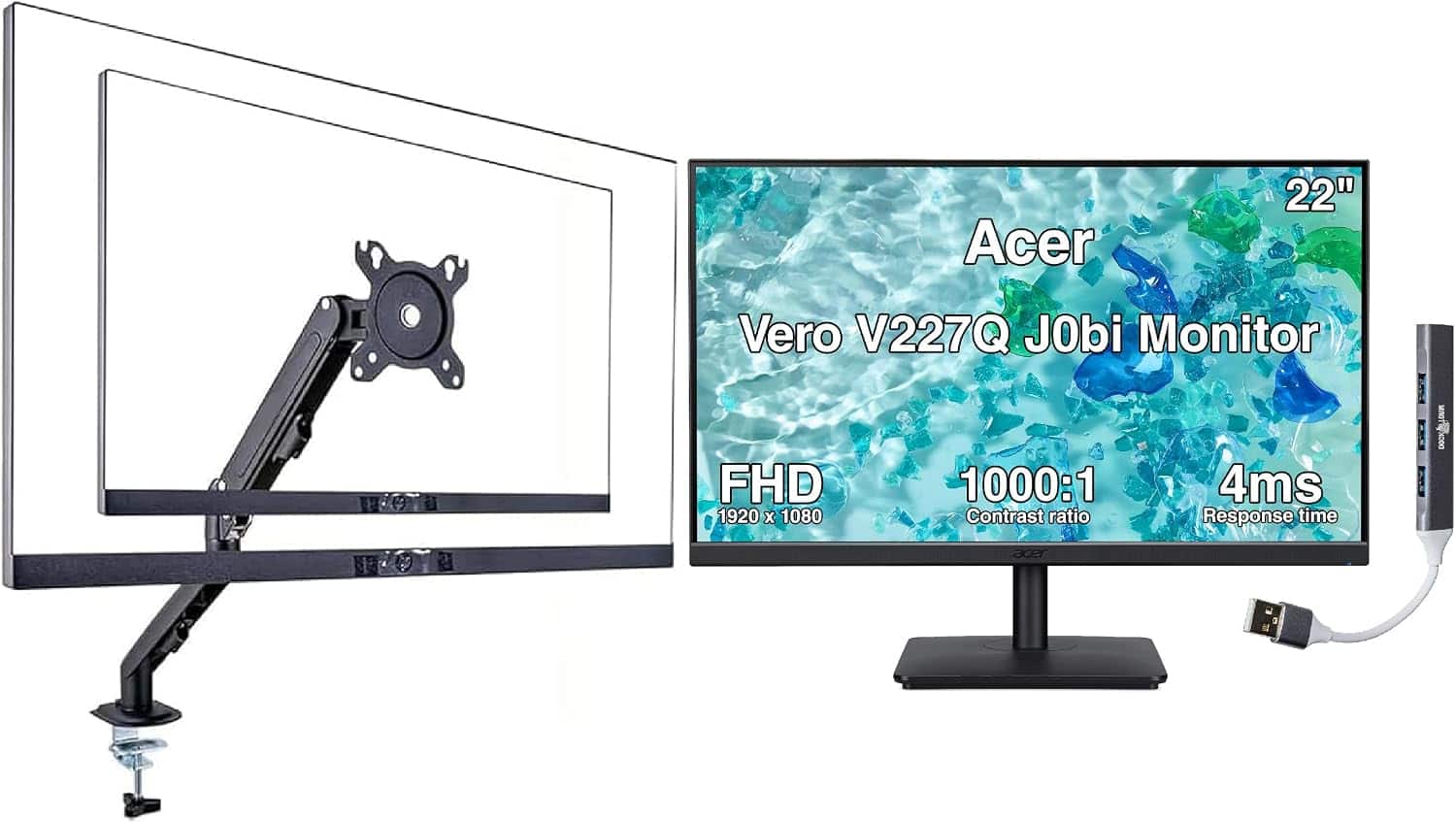 Acer - Vero V227Q J0bi 22" FHD IPS Monitor, 4ms Response Time, Anti-Glare (UM.WV7AA.005) w/HDMI cable, DKZ Hub & Single Arm - Black