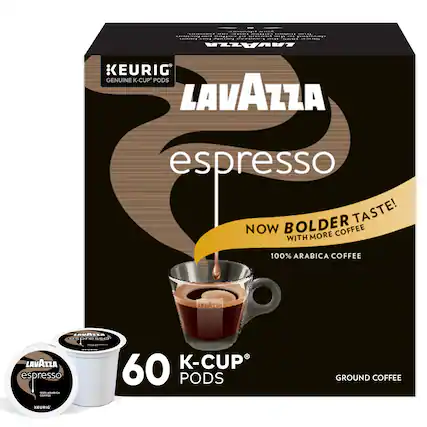 KEURIG GENUINE K-CUP PODS
LAVAZZA espresso
NOW BOLDER TASTE!
WITH MORE COFFEE
100% ARABICA COFFEE
60 K-CUP PODS
GROUND COFFEE