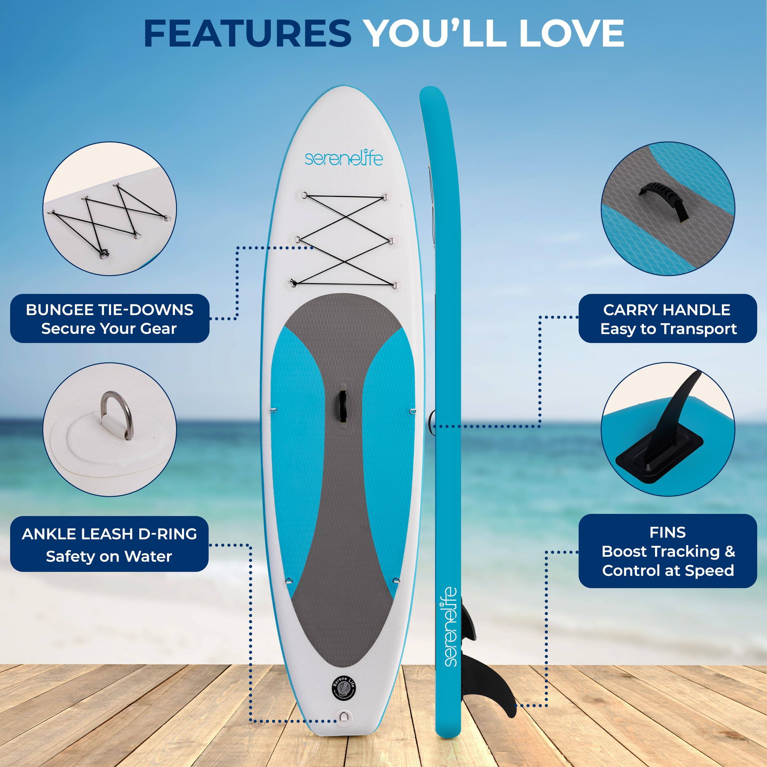FEATURES YOU'LL LOVE

- BUNGEE TIE-DOWNS Secure Your Gear
- CARRY HANDLE Easy to Transport
- ANKLE LEASH D-RING Safety on Water
- FINS Boost Tracking & Control at Speed