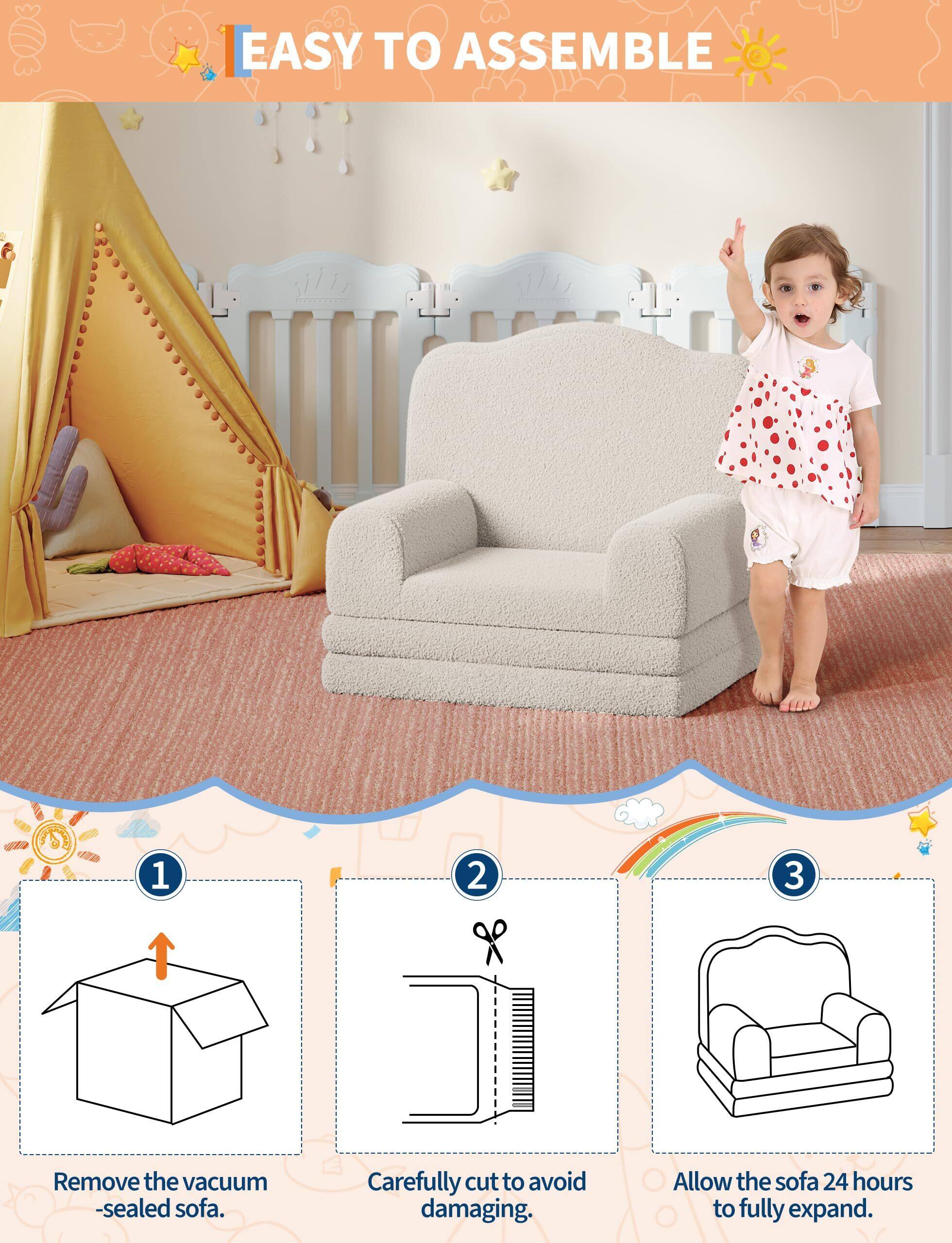 EASY TO ASSEMBLE

1. Remove the vacuum-sealed sofa.
2. Carefully cut to avoid damaging.
3. Allow the sofa 24 hours to fully expand.