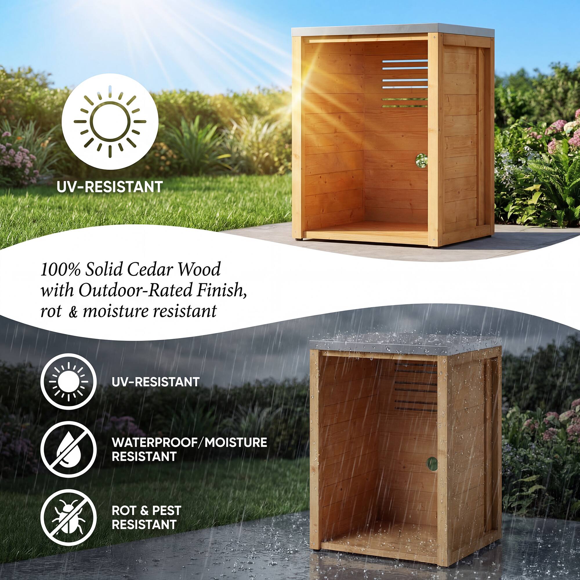 UV-RESISTANT 100% Solid Cedar Wood with Outdoor-Rated Finish, rot & moisture resistant

UV-RESISTANT
WATERPROOF/MOISTURE RESISTANT
ROT & PEST RESISTANT