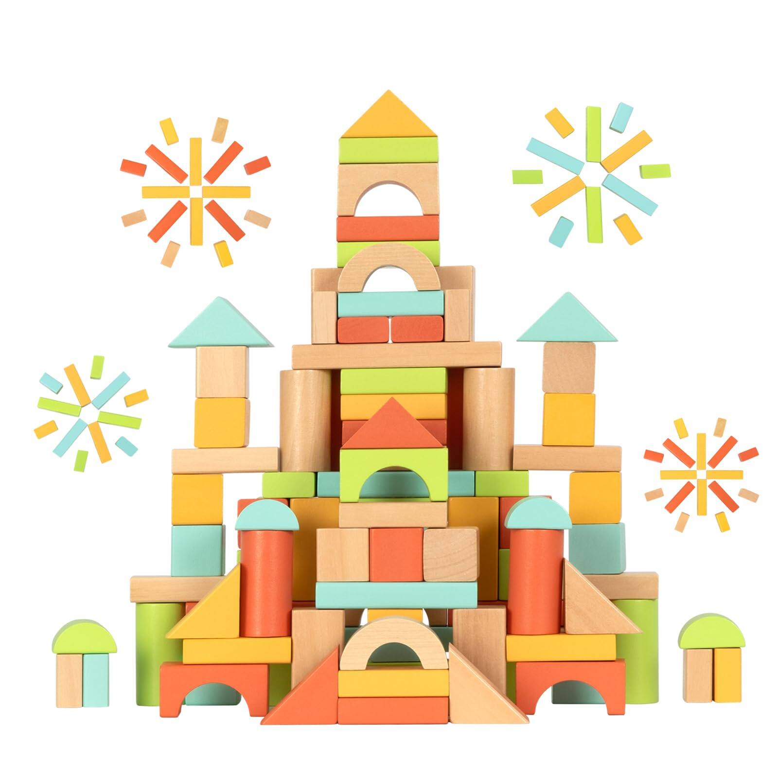 Front. NICHOLAS KLEIN - 100pcs Wooden Blocks For 1-3 Building Block Shower With Storage Bucket Montessori Toys And - Colorful.