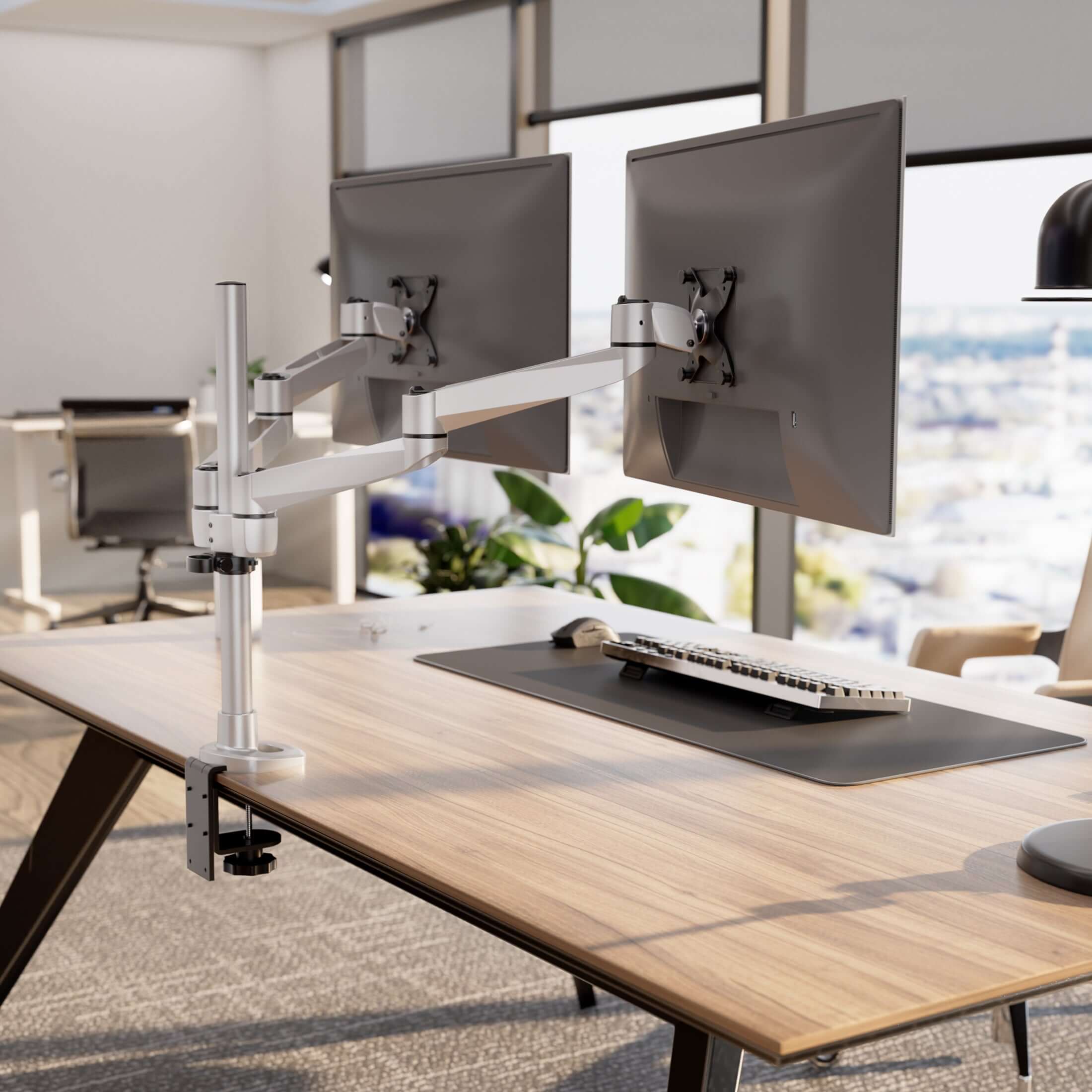 Mount-It! - CLiX Series Dual Wide Adjustable Monitor Desk Mount – Full Motion Dual Arm for Two 13"-32" Screens - Silver - Thumbnail 4