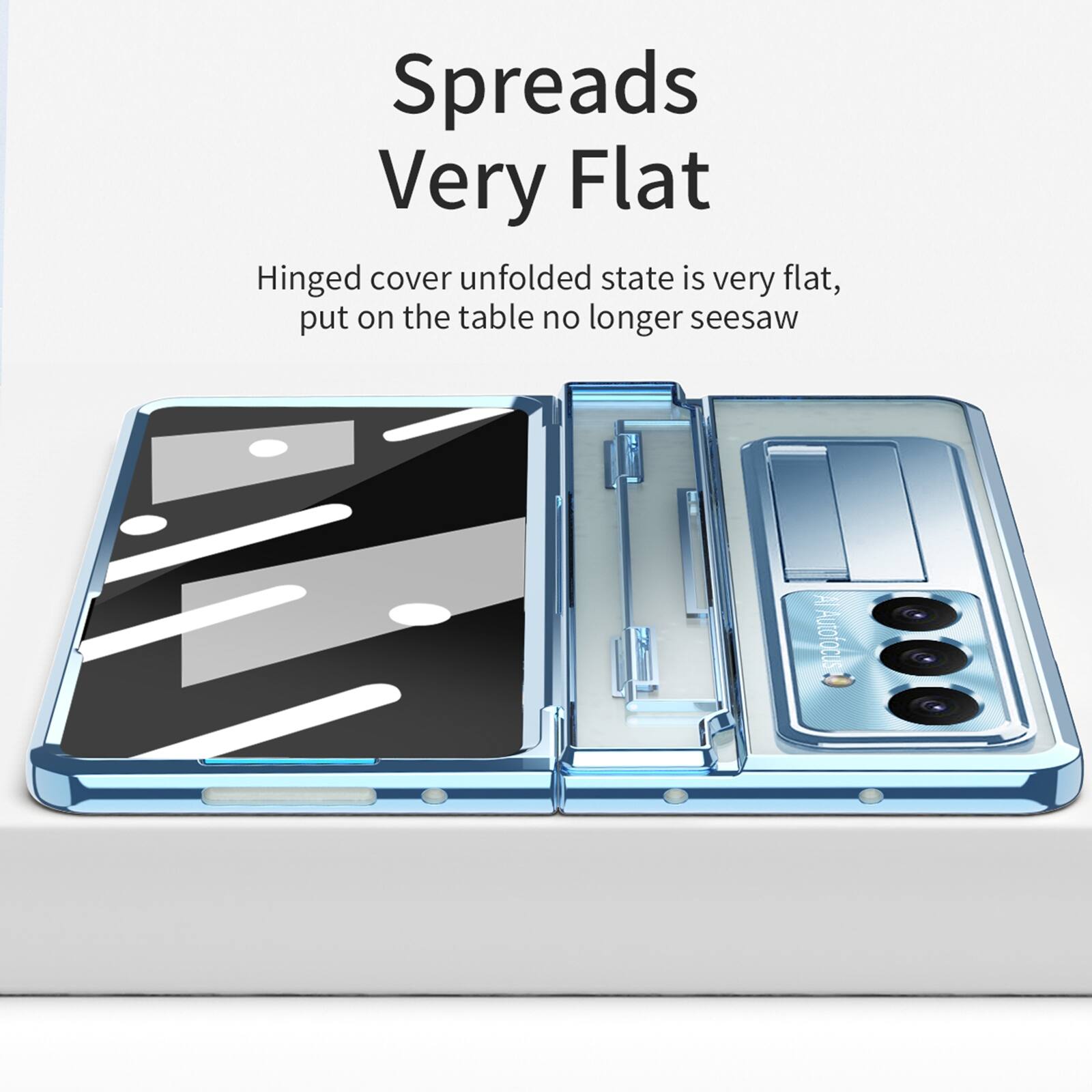 Spreads Very Flat

Hinged cover unfolded state is very flat, put on the table no longer seesaw