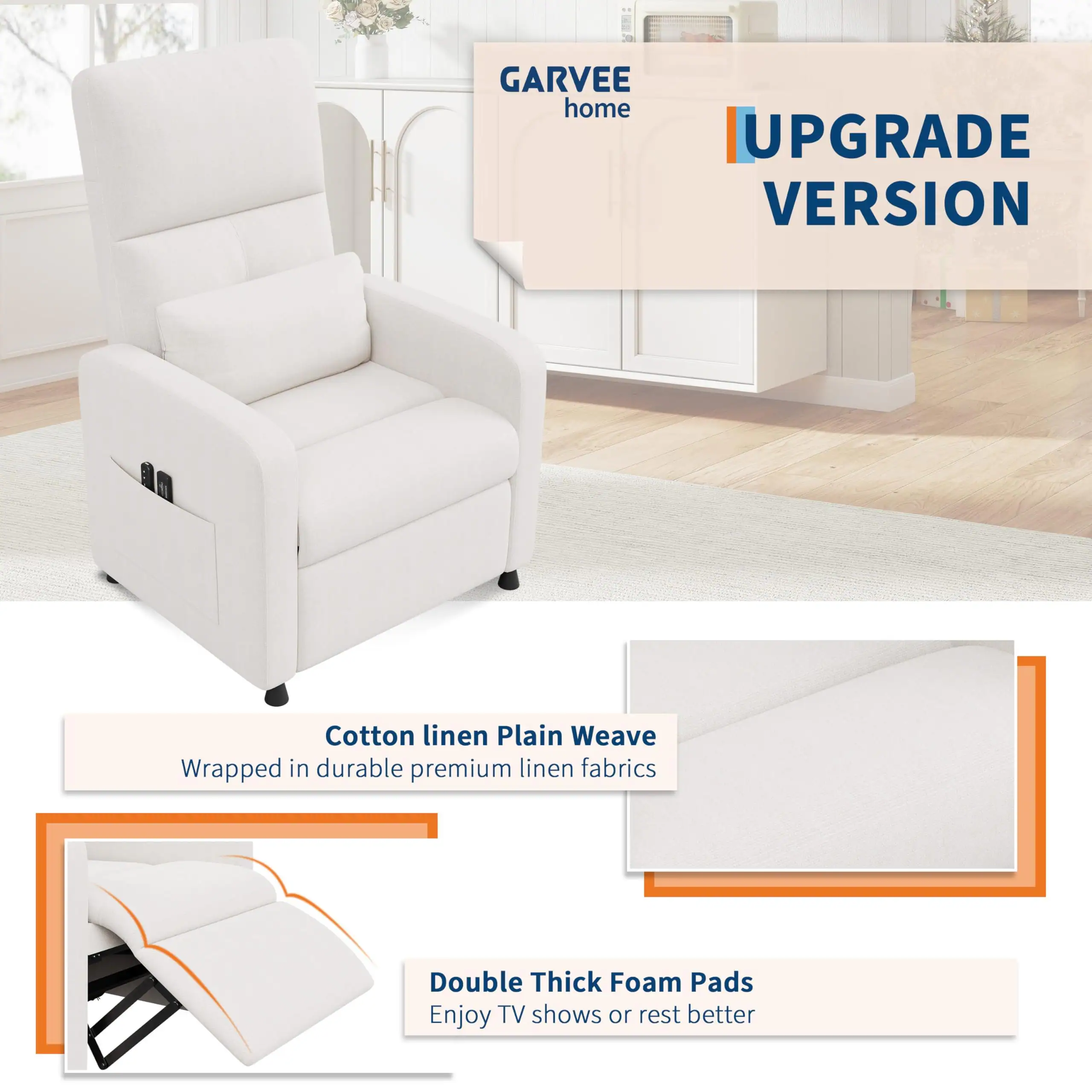 GARVEE home  
UPGRADE VERSION  

Cotton linen Plain Weave  
Wrapped in durable premium linen fabrics  

Double Thick Foam Pads  
Enjoy TV shows or rest better