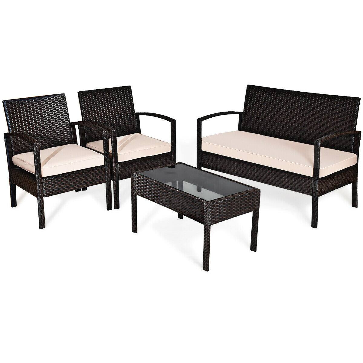 Alt View 1. Gymax - Gymax 4PCS Patio Rattan Set Cushioned Sectional Sofa Glass Table - as pics.