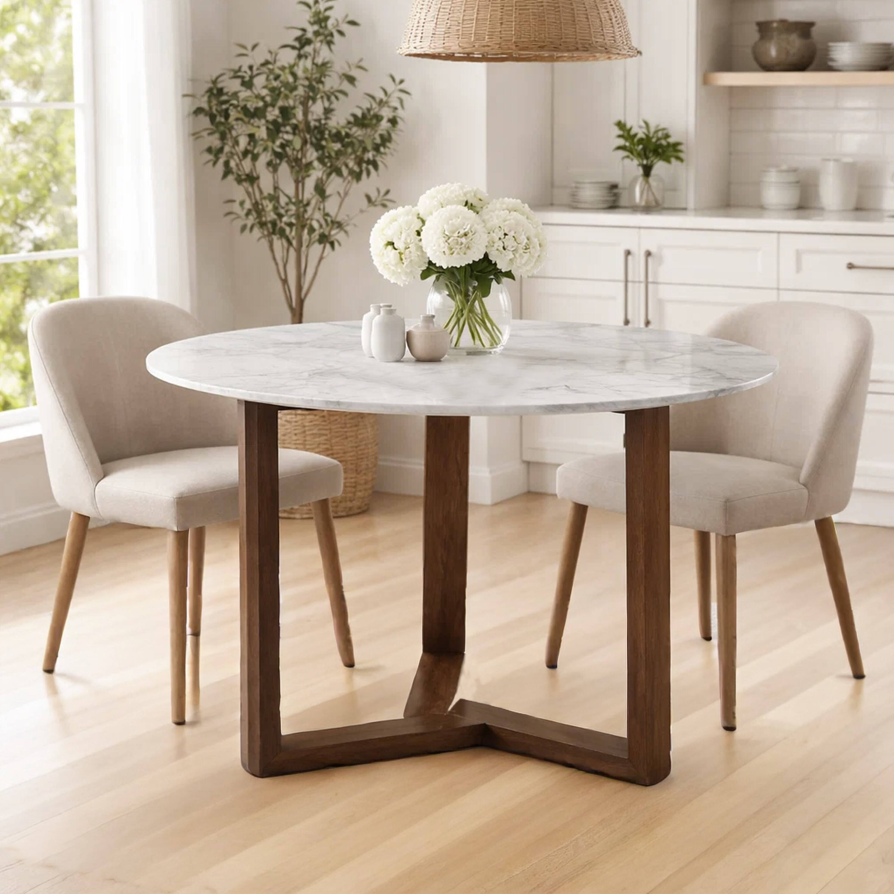 Alt View 10. Manhattan Lane - Fina 48 Inch Round Dining Table, White Genuine Marble Top, Natural Brown Mango Wood 3 Leg Sled Base - White, Natural Brown.