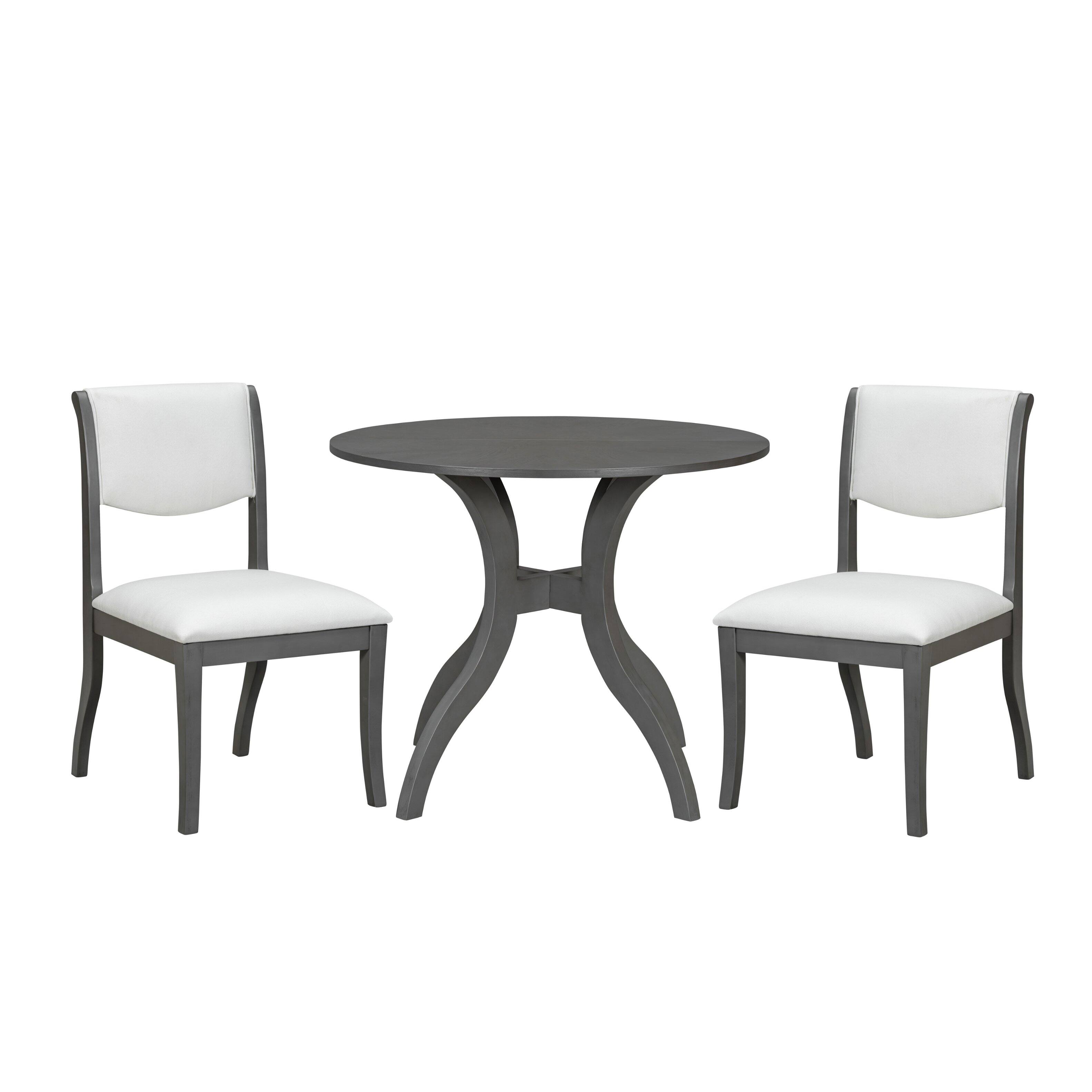 Back. TinyHomie - Dining Table Set 39.4in Round Table 2 Chairs Traditional Solid Wood Kitchen Set with Inlaid Tabletop Elegant Curved Legs - Grey and White.