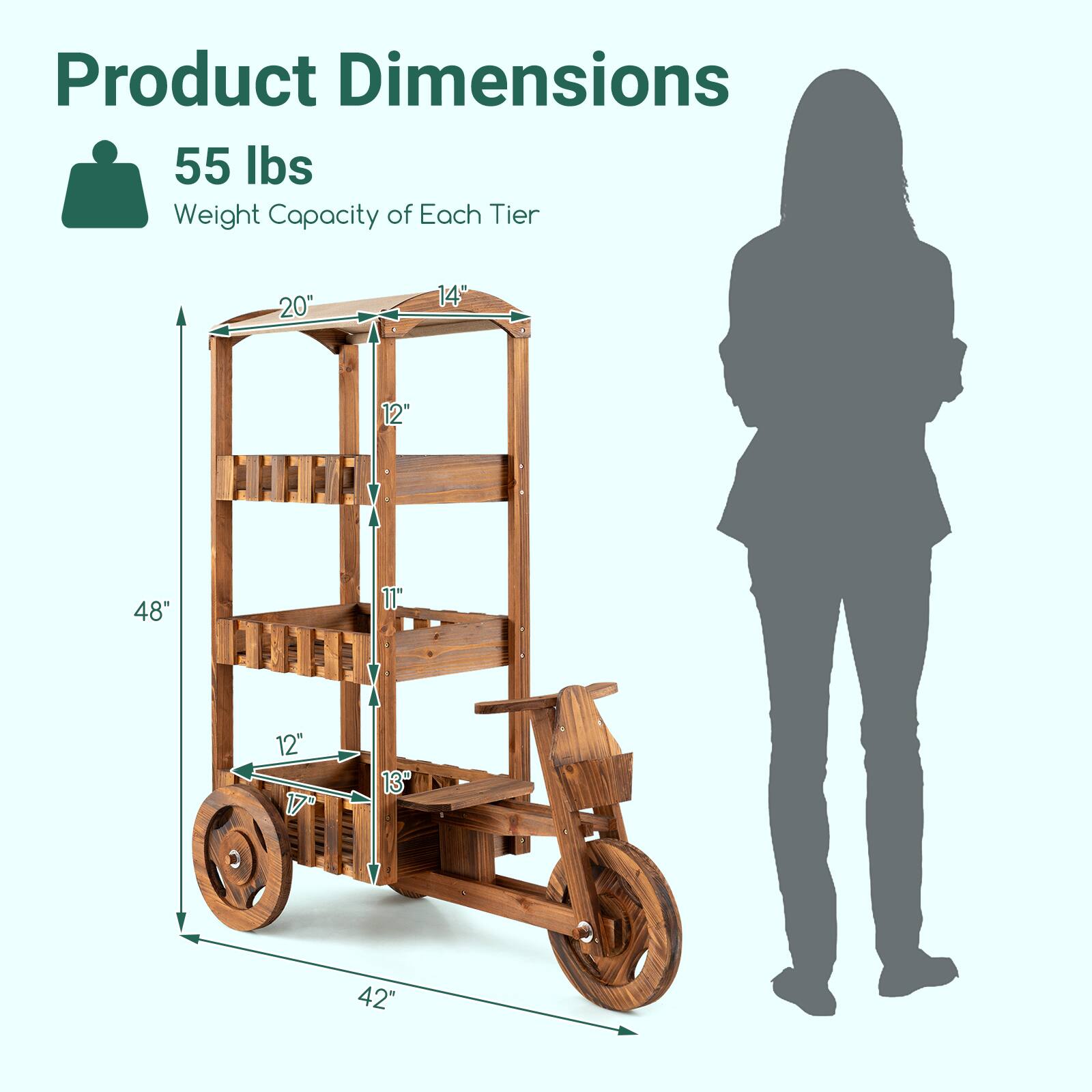 Product Dimensions

55 lbs
Weight Capacity of Each Tier

20"
14"
12"
48"
11"
12"
17"
13"
42"