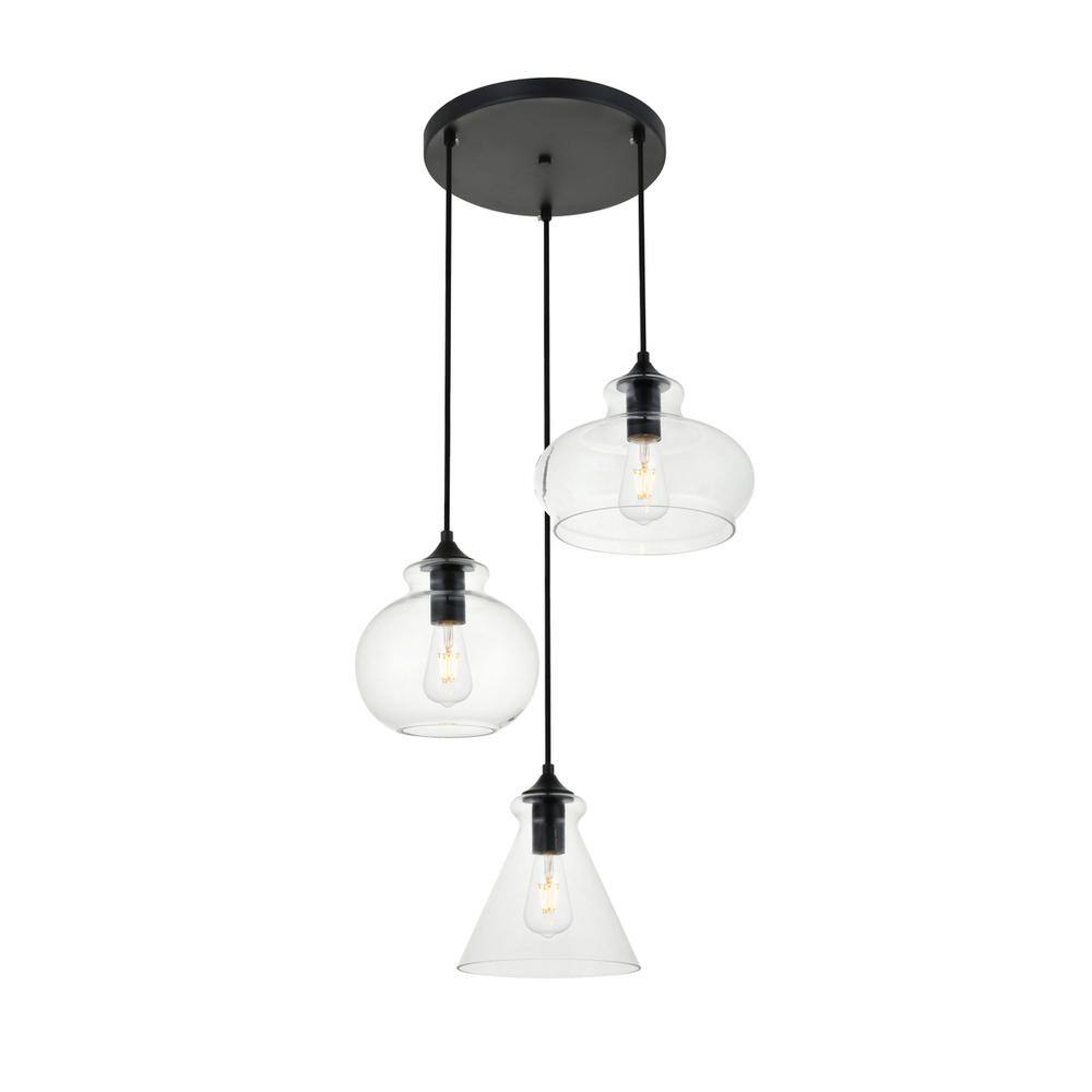 Alt View 3. Living District - Destry 3 Lights Black Pendant With Clear Glass - Black And Clear.