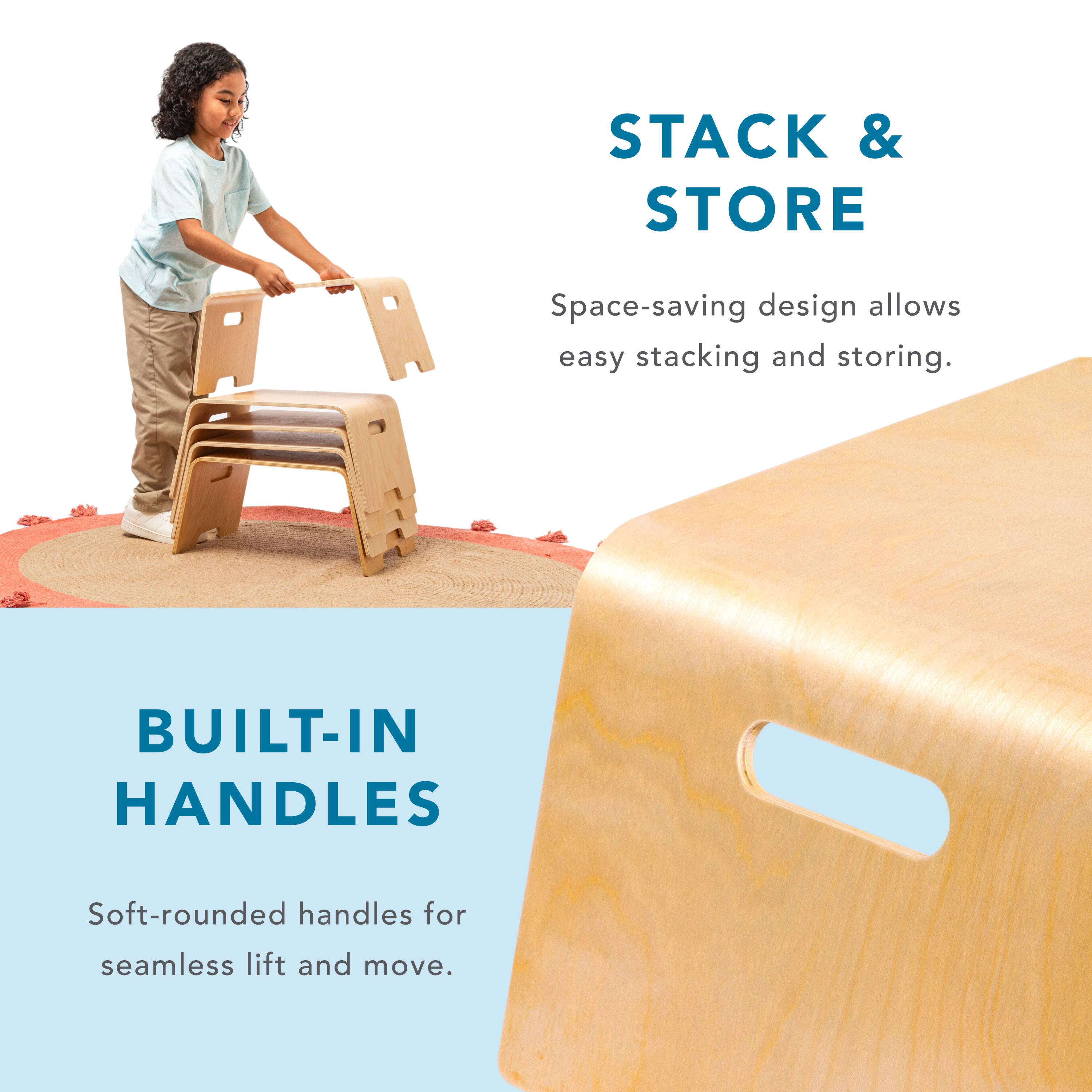 STACK & STORE  
Space-saving design allows easy stacking and storing.  

BUILT-IN HANDLES  
Soft-rounded handles for seamless lift and move.