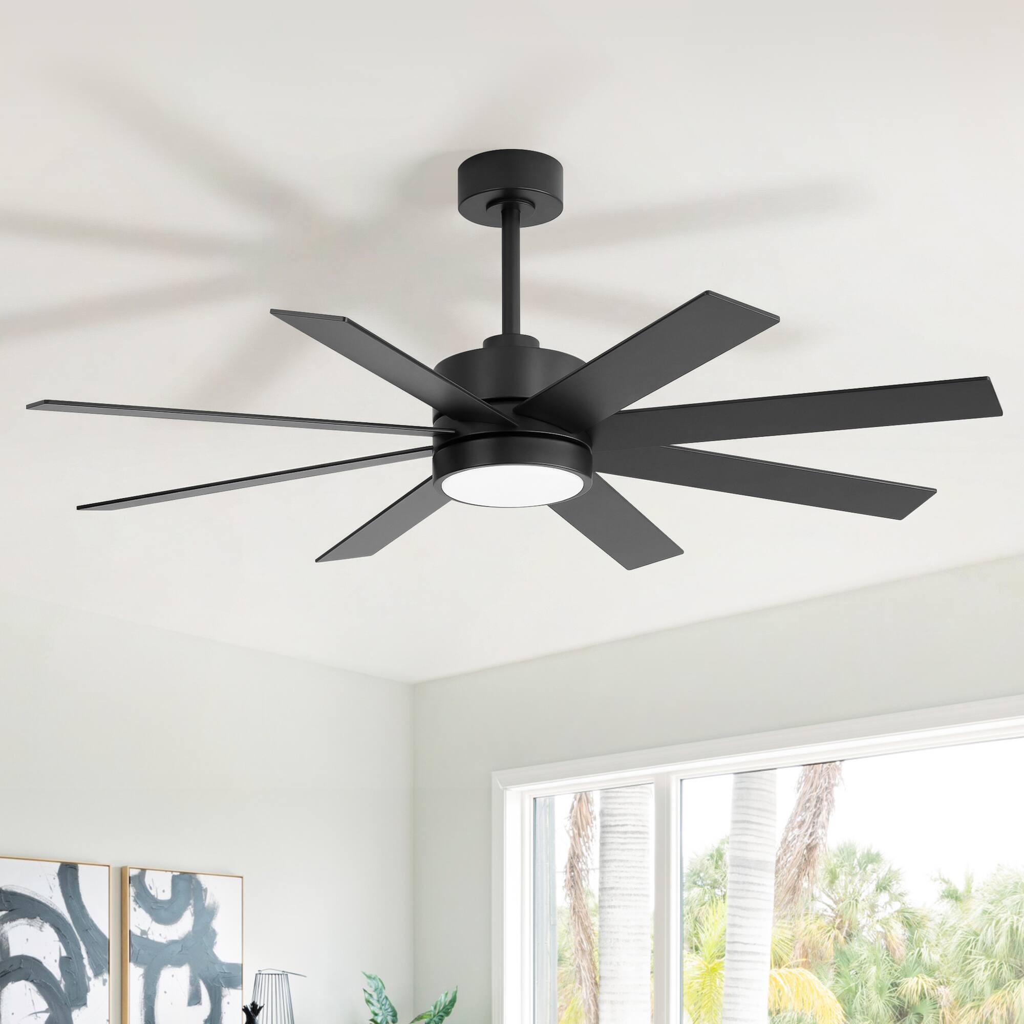 Left. Breezary - 52-Inch Ceiling Fan with LED Light, 8 Blades, 6-Speed Remote, Tri-Color Dimmable Light, Acrylic Shade, Downrod Mount - Black and Walnut.