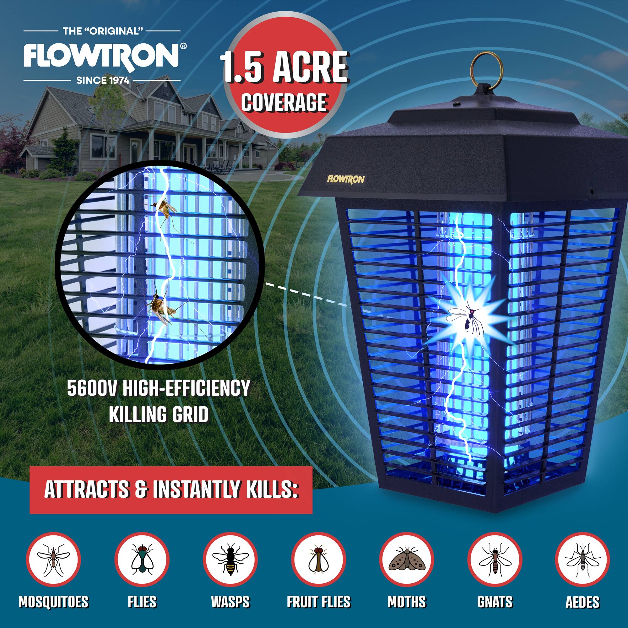 THE "ORIGINAL" FLOWTRON SINCE 1974 1.5 ACRE COVERAGE FLOWTRON 5600V HIGH-EFFICIENCY KILLING GRID ATTRACTS & INSTANTLY KILLS: MOSQUITOES FLIES WASPS FRUIT FLIES MOTHS GNATS AEDES