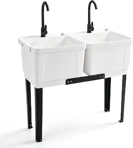 Winado - Heavy-Duty Freestanding Utility Sink with Double Bowl & 2 Independent Stainless Steel Faucets for Garages, Laundry Rooms - White