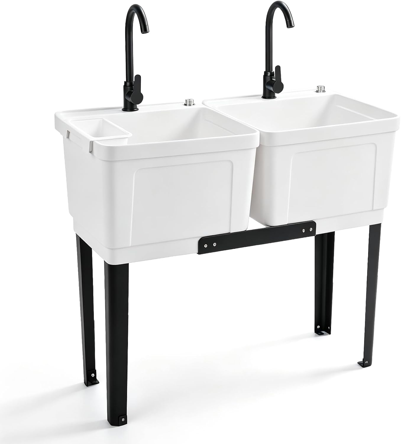 Winado - Heavy-Duty Freestanding Utility Sink with Double Bowl & 2 Independent Stainless Steel Faucets for Garages, Laundry Rooms - White