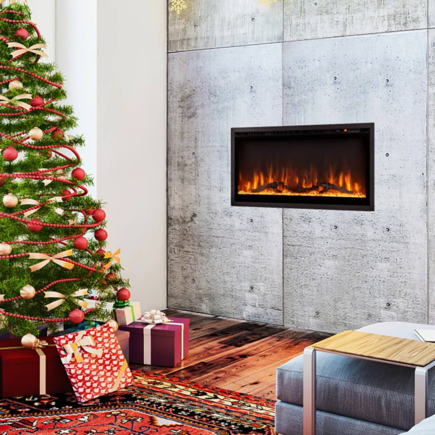 Alt View 4. LUCKY ONE - 36 Inch Recessed/Wall Mounted/Freestanding Electric Fireplace with 9 Flame Colors - Black.