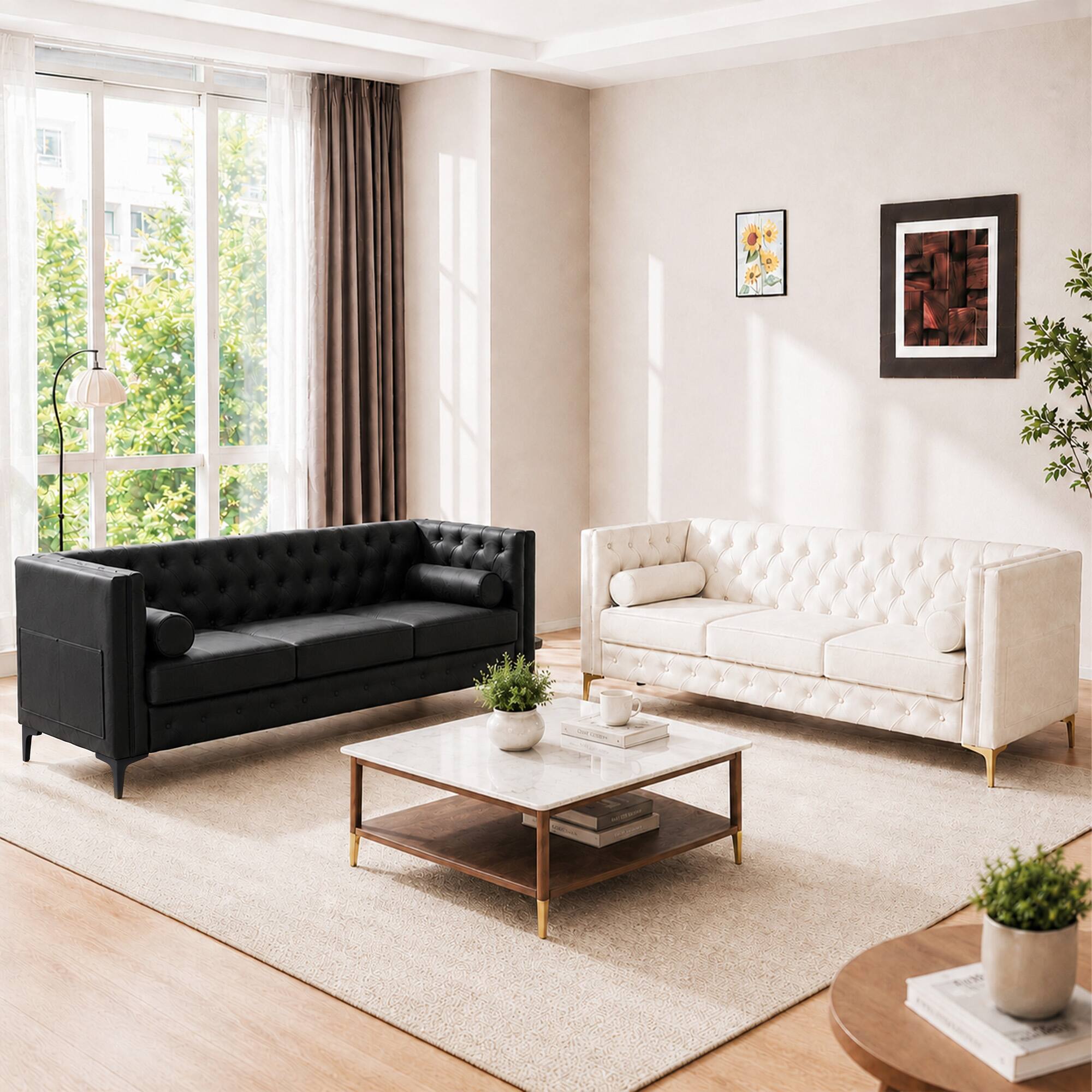 Alt View 8. Meqiodas - 78.5" Faux Leather Sofa Couch for Living Room, Luxury Button Tufted 3 Seater Sofa with Gold Metal Legs and Pillows - Black.