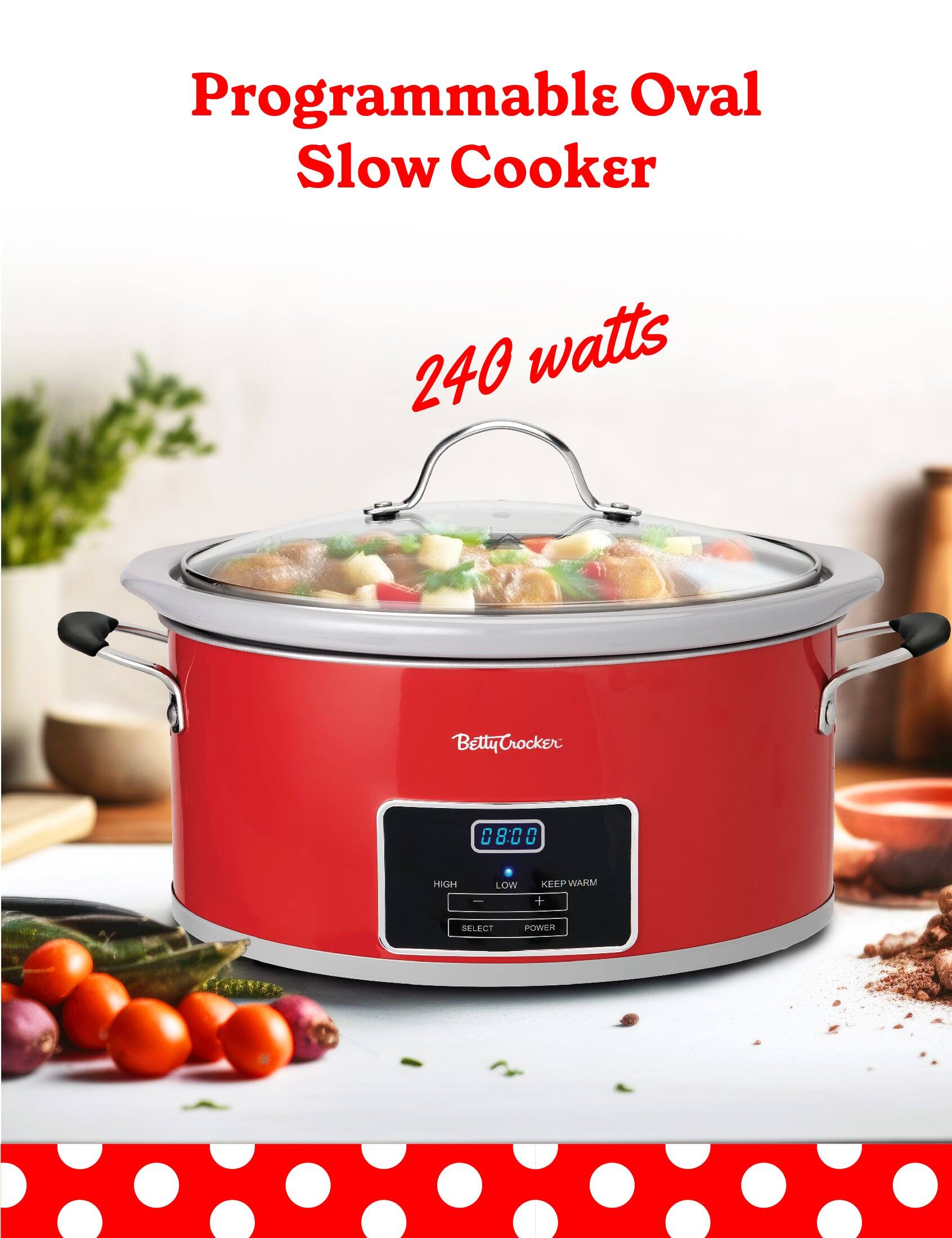 Programmable Oval Slow Cooker 240 watts Betty Crocker 08:00 HIGH LOW KEEP WARM SELECT POWER