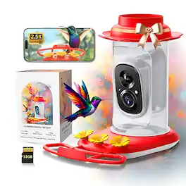 Luckbyte - 2.5K Smart Hummingbird Feeder with Camera, AI Bird ID, Instant Alerts, 32GB Card, Weatherproof Outdoor - Red