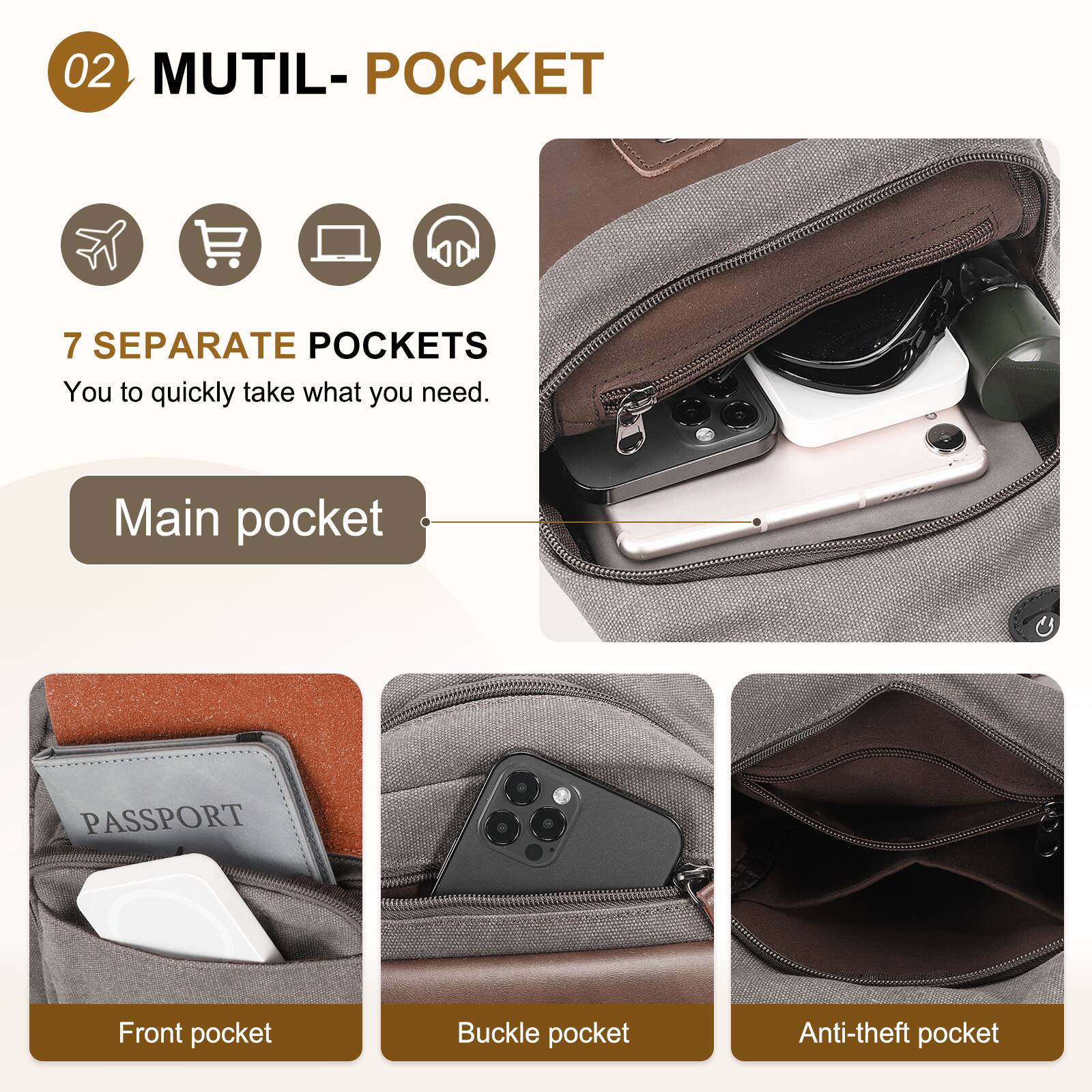 02 MUTIL-POCKET

7 SEPARATE POCKETS  
You can quickly take what you need.

- Main pocket
- Front pocket
- Buckle pocket
- Anti-theft pocket
