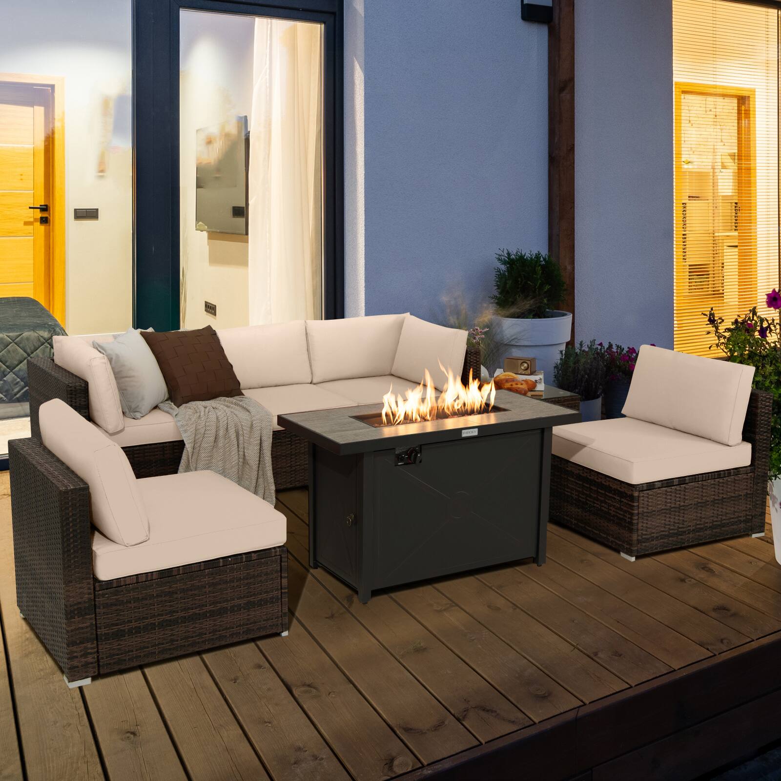 Alt View 2. Gymax - Gymax 7PCS Patio Rattan Furniture Set Fire Pit Table Cover Cushion Beige - Mix Brown, Black, Beige.