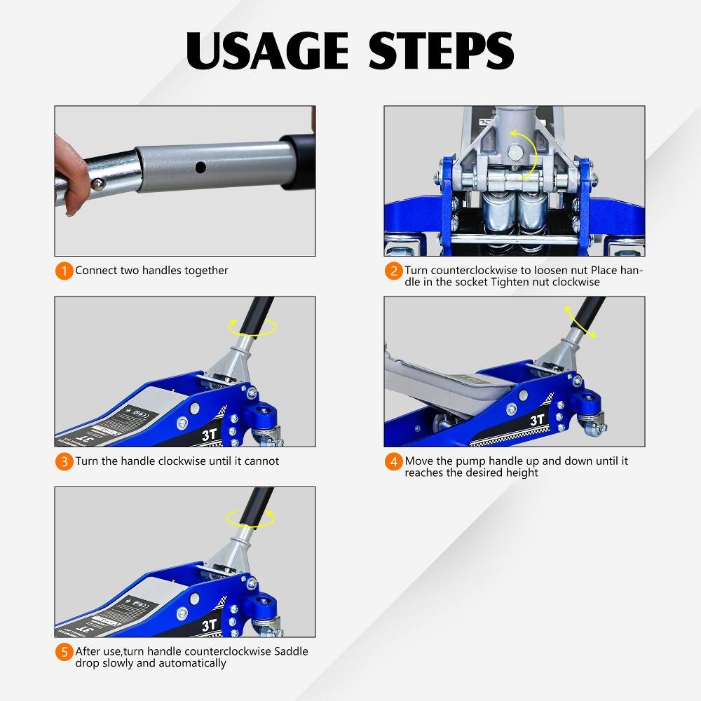 USAGE STEPS
1. Connect two handles together
2. Turn counterclockwise to loosen nut. Place handle in the socket. Tighten nut clockwise
3. Turn the handle clockwise until it cannot
4. Move the pump handle up and down until it reaches the desired height
5. After use, turn handle counterclockwise. Saddle drop slowly and automatically
