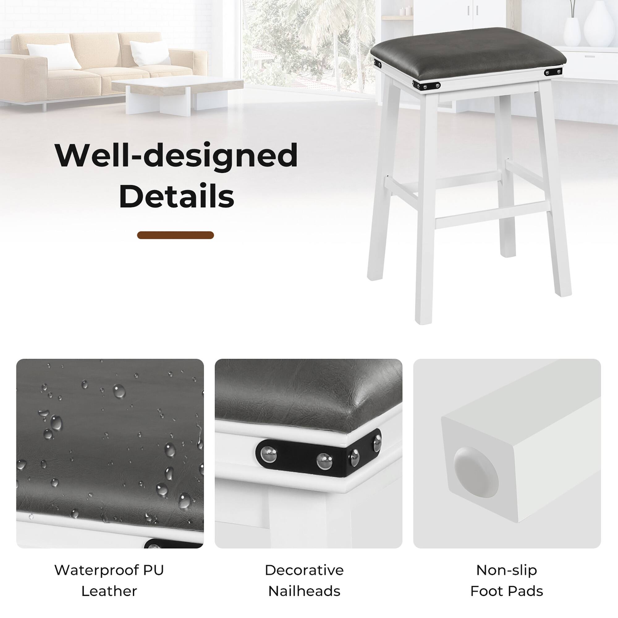 Well-designed Details: Waterproof PU Leather, Decorative Nailheads, Non-slip Foot Pads