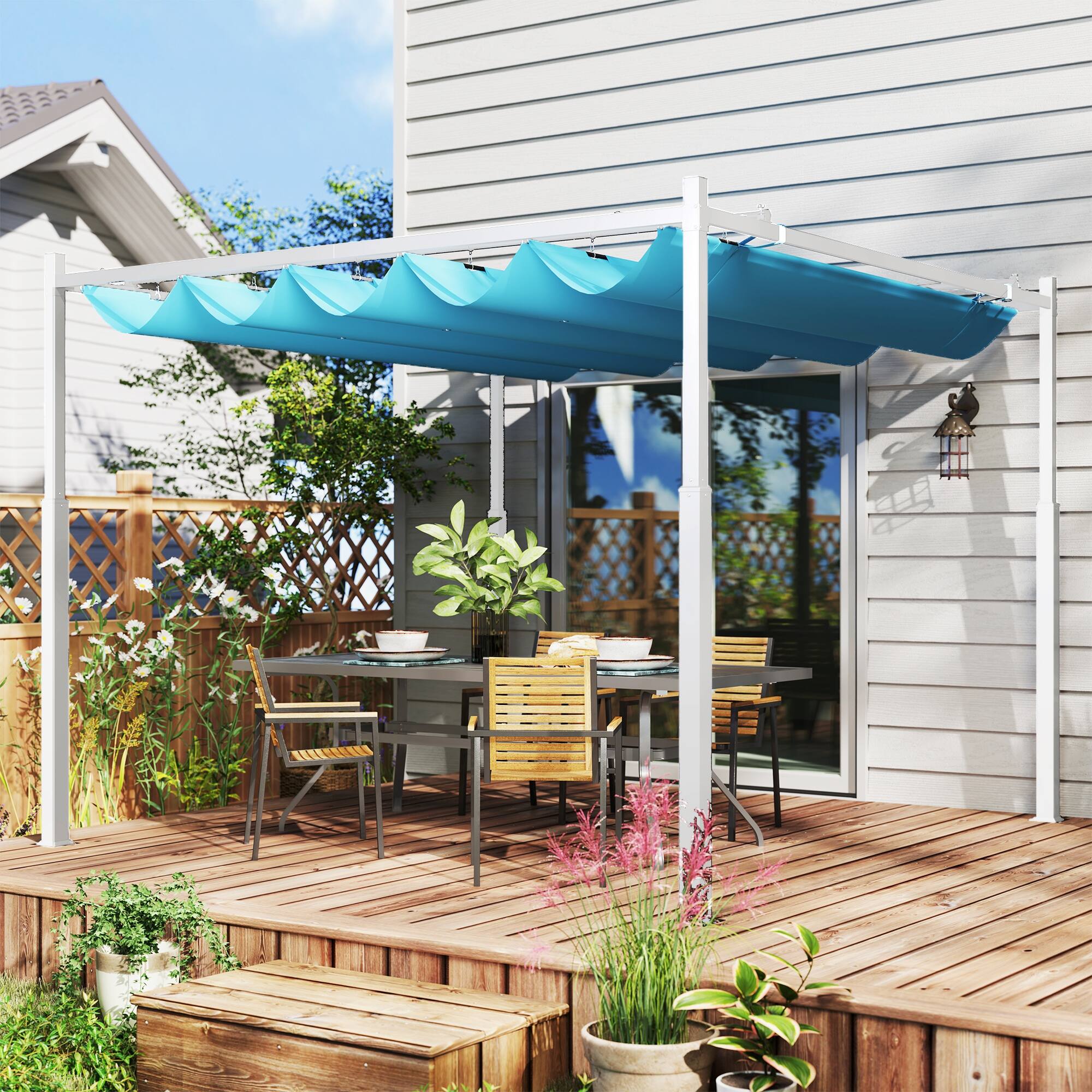 Angle. Outsunny - 10' x 10' Retractable Pergola Canopy with Magnetic Fixture, UPF30+ Outdoor Patio Sun Shade Shelter - Blue.